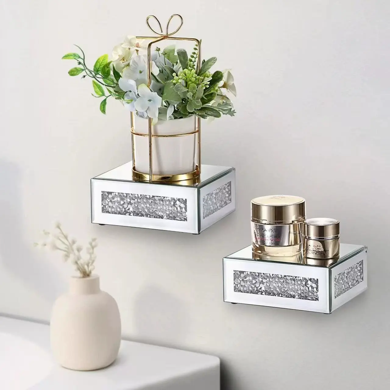 Mounted Floating Shelf 2 Pcs Decorative Floating Shelf for Bathroom Decor Stylish Crushed Diamond Floating Wall Shelf for Plants Sturdy Mirrored Wall Mounted Floating Shelf for Living Room