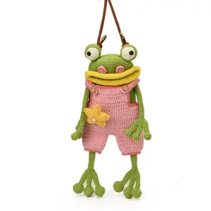 Hand Crocheted Frog Crossbody Bag for Toddlers and Kids, Knitted Shoulder Purse with Leather Strap, Lightweight Animal Theme Carry Bag