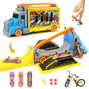 Finger Skateboard Park Set, 2-in-1 Transforming Truck Vehicle with 3 Fingerboards, Finger Bike, Skatepark Deck Ramps, Storage Case,Skateboard Finger Toys Gift for Boys & Girls Ages 3+