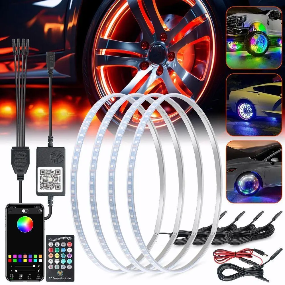 15" RGB Car Truck Wheel LED Rim Lights Kit (4-Piece 15" Set), 12V APP Bluetooth & Remote Control, 16M Colorful Lights, 23 Modes, IP68 Rated Waterproof Aluminum Alloy, Easy Installation for All 12V Cars
