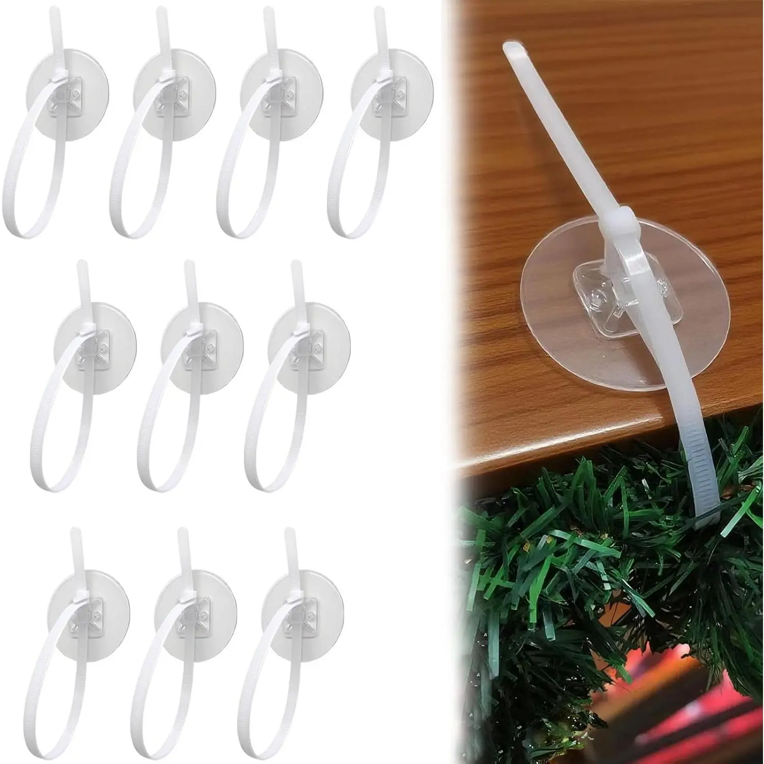 10-Piece Holiday Decorations Adjustable Clip Garland Hangers, Releasable Ties & Adhesive Hooks for Mantle, Fireplace Stocking, Door Frame, Furniture (10in Zip Ties Clips, Wreath Holder)