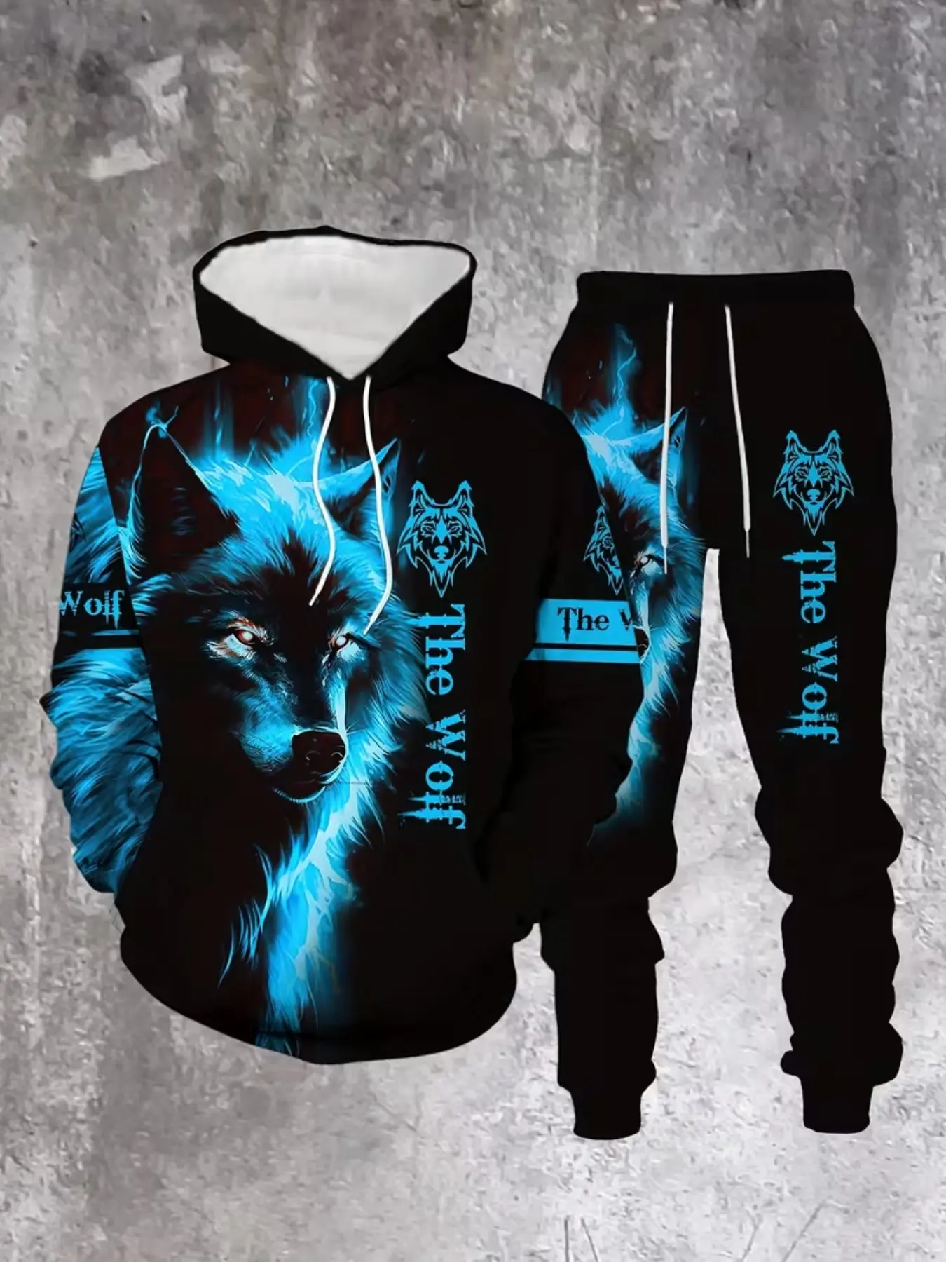 Men's Dark Blue Ice Wolf King Hoodie Set, American Street Style, Loose Fit, Long Sleeve, Geometric Pattern, All Seasons