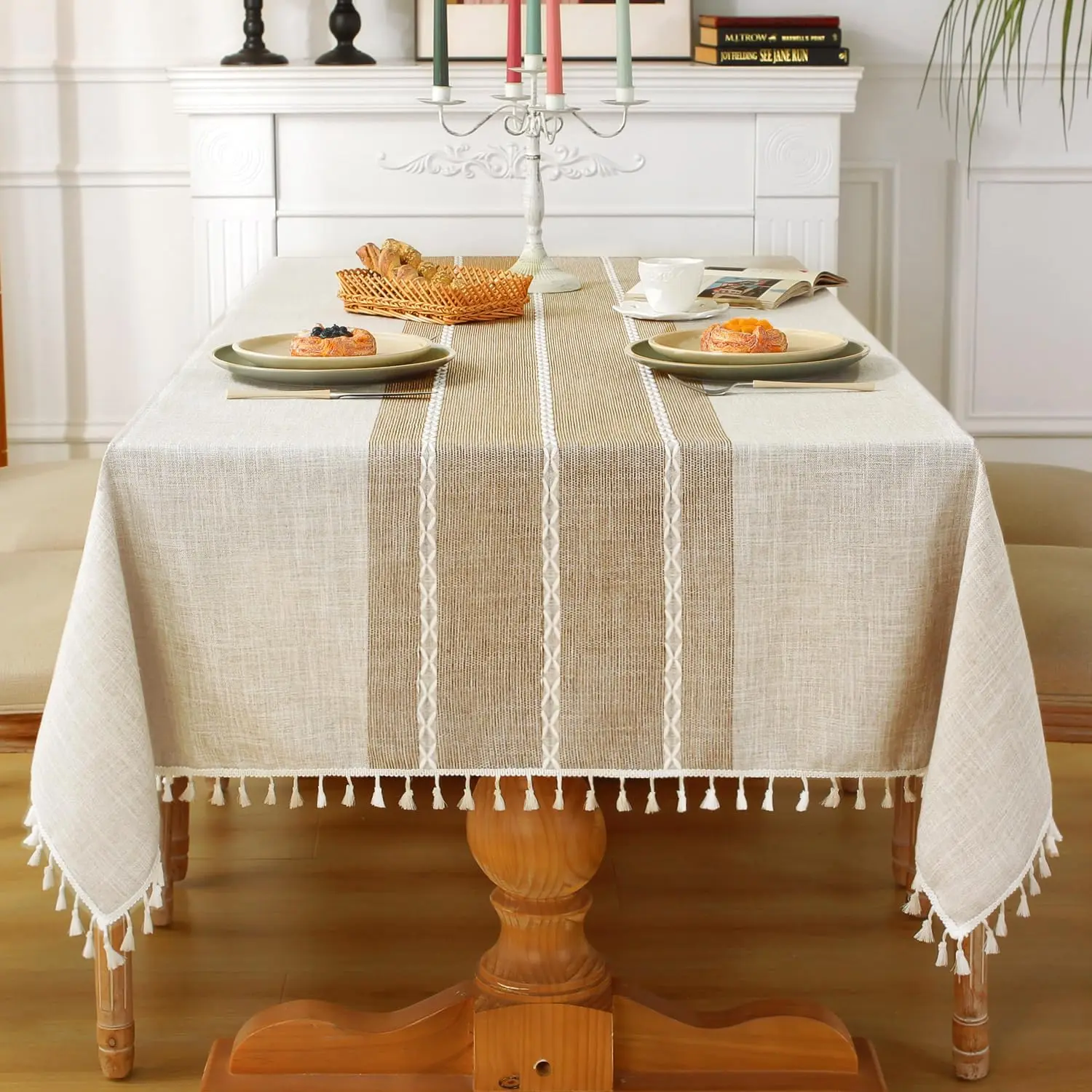 Rustic Tablecloth Cotton Linen Waterproof Farmhouse Tablecloth Burlap Table Cloths for Kitchen Dining Cloth Table Cloth for Rectangle Tables Coffee Lines Rectangle,55''x70'',4-6 Seats