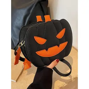 Women Halloween Pumpkin Skull Crossbody Bag Black Orange Jack O Lantern Mini Shoulder Bag PU Leather Structured Round Shape Adjustable Strap Zipper Closure Casual Travel Party Costume Streetwear Y2K Aesthetic TikTok Trend Spooky Season Outfit Accessory Fa