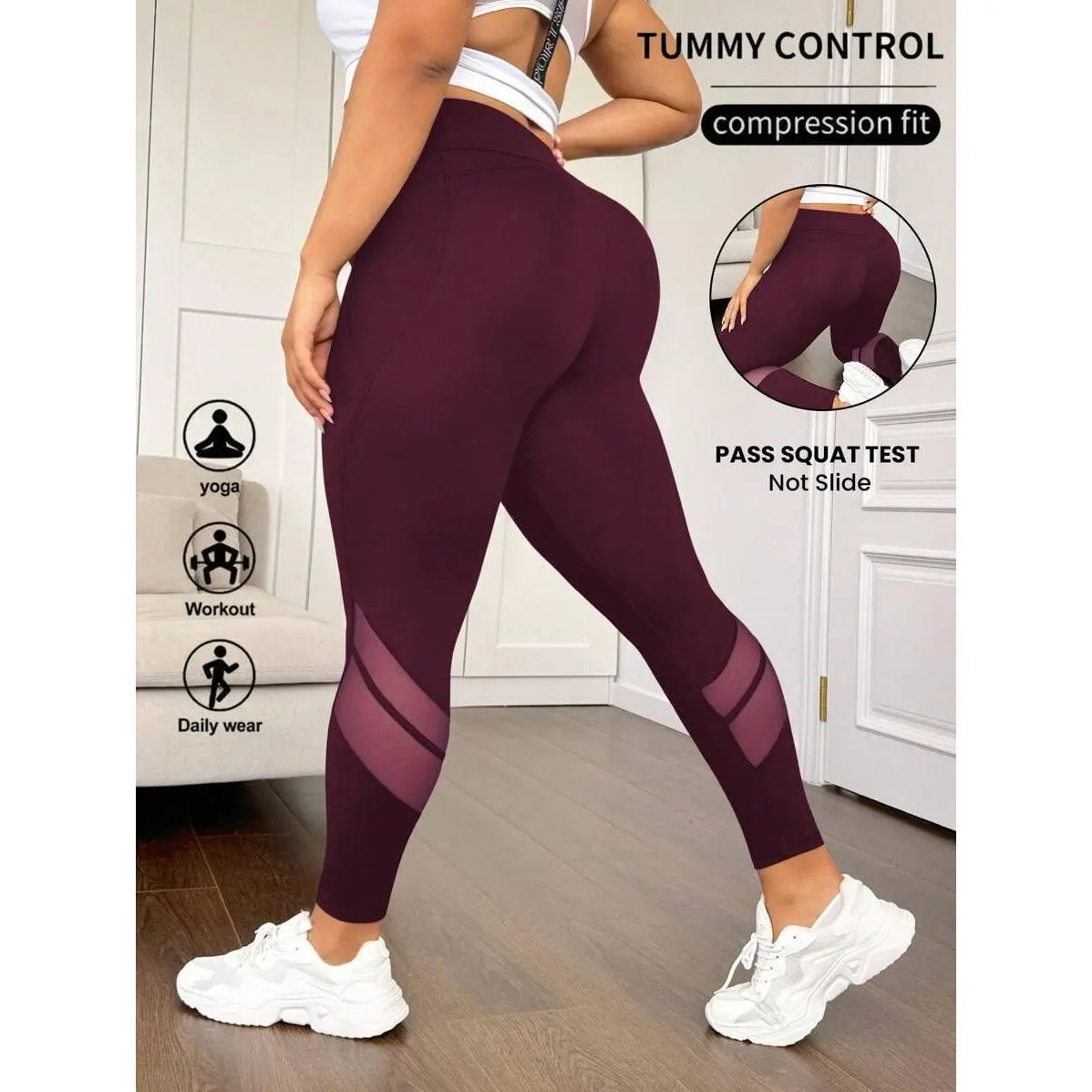 Plus Size Fashion High-Waist Tummy Control Leggings - Waist Mesh Patchwork, Lifting, Side Pockets, V-Back, Leopard Print, Flare Bootcut, Burgundy Winter Athletic Gym Compression Sporty Sports Bottoms for Yoga Workouts
