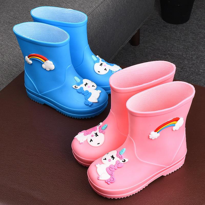 Children's Rain Boots Girls' Elastic Cuff Fleece-Lined Boys' Non-Slip Water Shoes Four Seasons Cartoon Cute Princess Rain Boots Kids' Rain Shoes