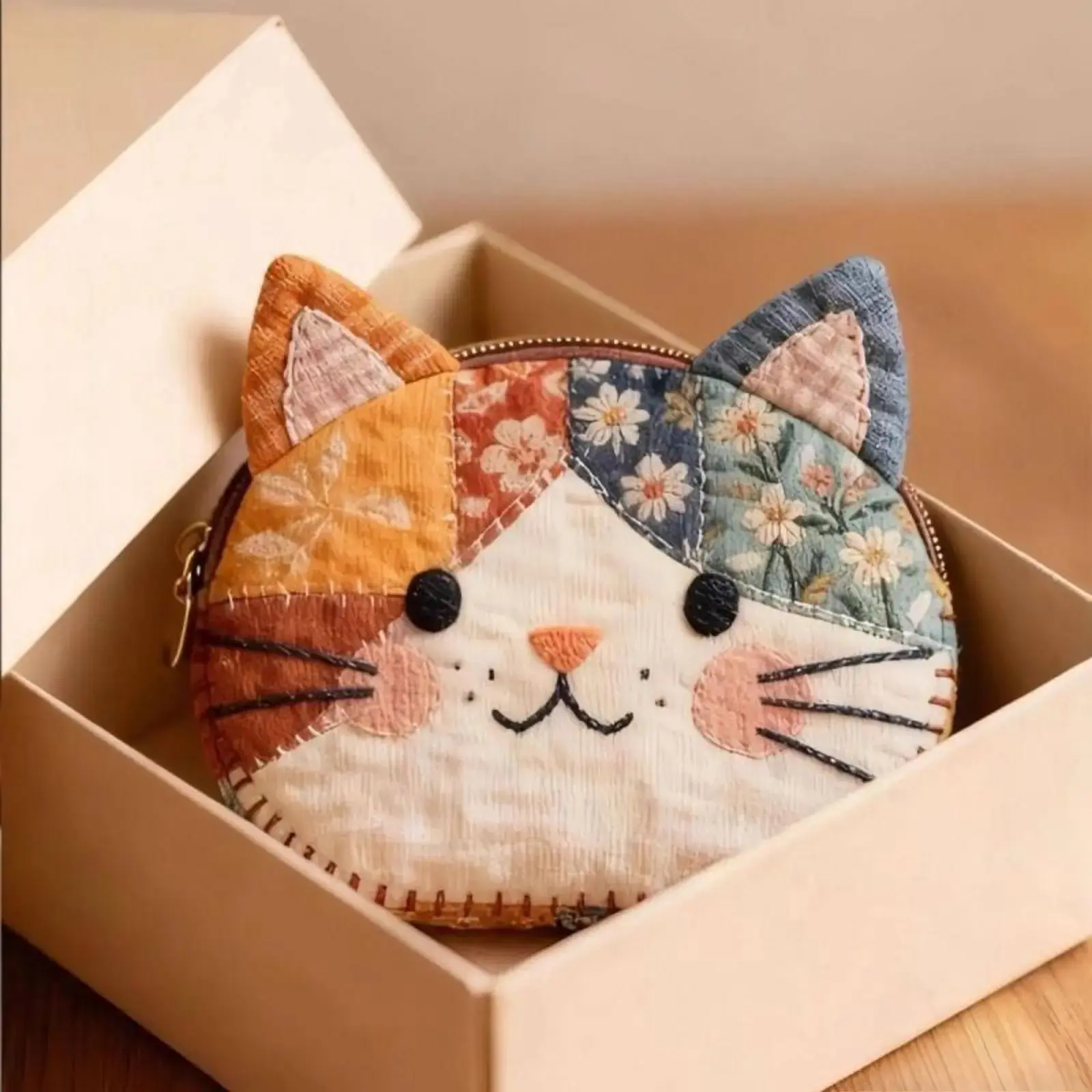 Japanese Patchwork Color Block Cat Coin Purse Cute Cartoon Makeup Bag Multi‑Purpose Stationery Storage Pouch Stylish Aesthetic Organizer For Students Teen Girls Daily School Travel Small Item Storage