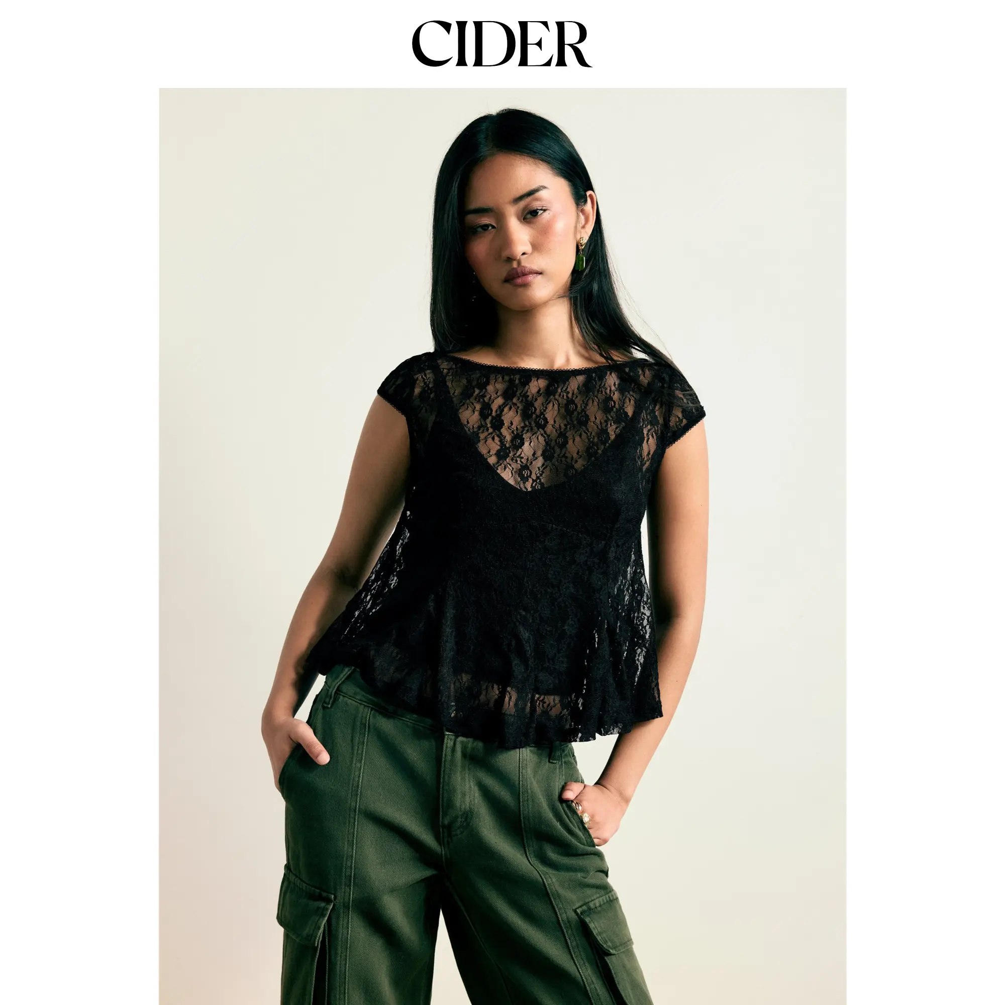 Cider Lace Boat Neck Short Sleeve Backless Blouse & Cami Top Set