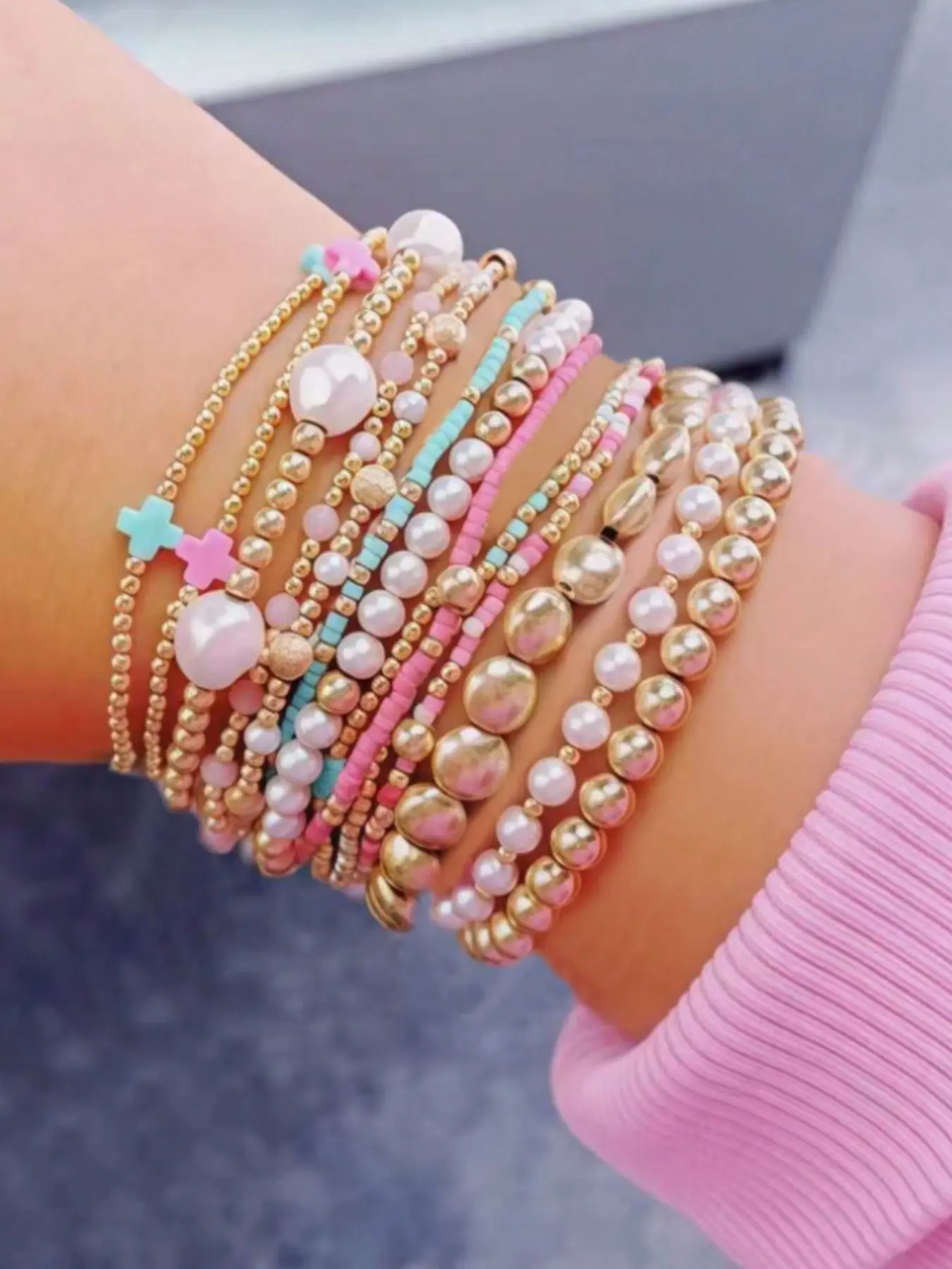 13pcs Women's Cross Bracelet Set, Colorful Beads, Ccb Beads, Faux Pearl Multi-Layer Elastic Bracelets, Layered Bracelet Set, Perfect Birthday Gift for Her