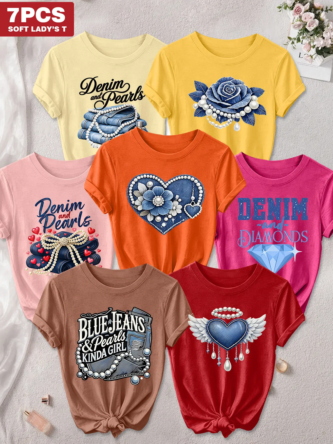 7Pcs Women Crew Neck T-Shirt, Light Luxury Floral Print Denim Rose, Denim Pearl Heart & Winged Heart Graphics, Multi-color Available, Machine Washable, Soft Skin-friendly Spring Summer Daily Stylish Top