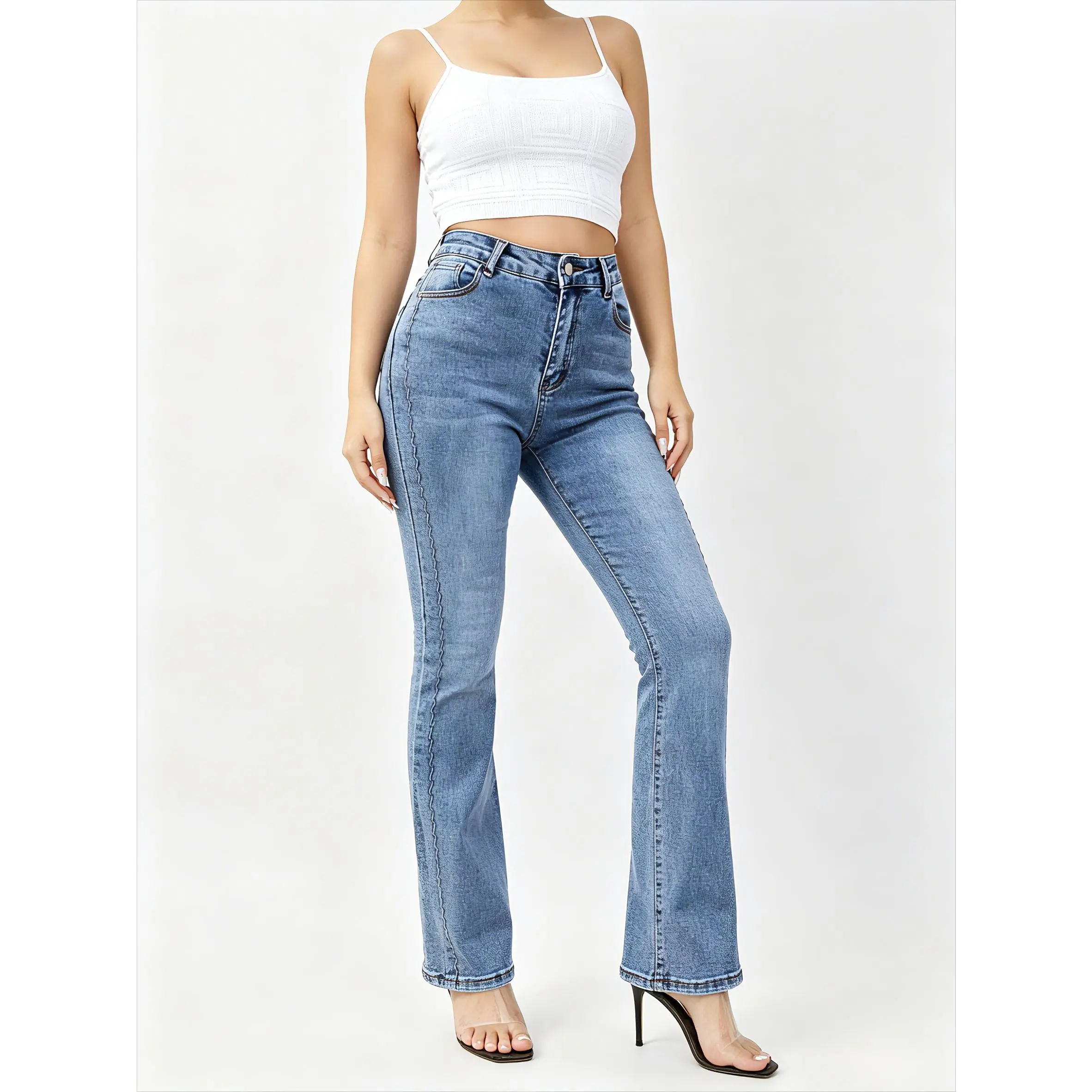 Women's Fitted Washed Streetwear Micro Flare Jeans - Light Blue Denim, Rhinestone Embroidery, Hollow-Out Hem, Medium Stretch, Halloween, Watch Party Wear