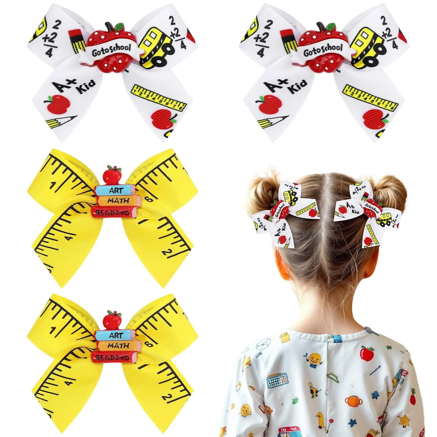 4PCS Back to School Hair Bow Set for Girls, Pencil Themed School Pigtail Hair Bows for Toddlers & Kids Grades 1-5, Cute Non Slip Premium Fabric Hair Accessories for Daily School Wear, Lightweight Durable Schoolgirl Hair Clips, Compatible with Most Hair Ty