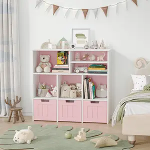 3-Tier Toy Storage Organizer, Children Storage Cabinet with 4 Wheels & 3 Drawers, 6 Open Shelves Children's Bookcase Toy Organizer, White-Pink, 100x89x33Cm