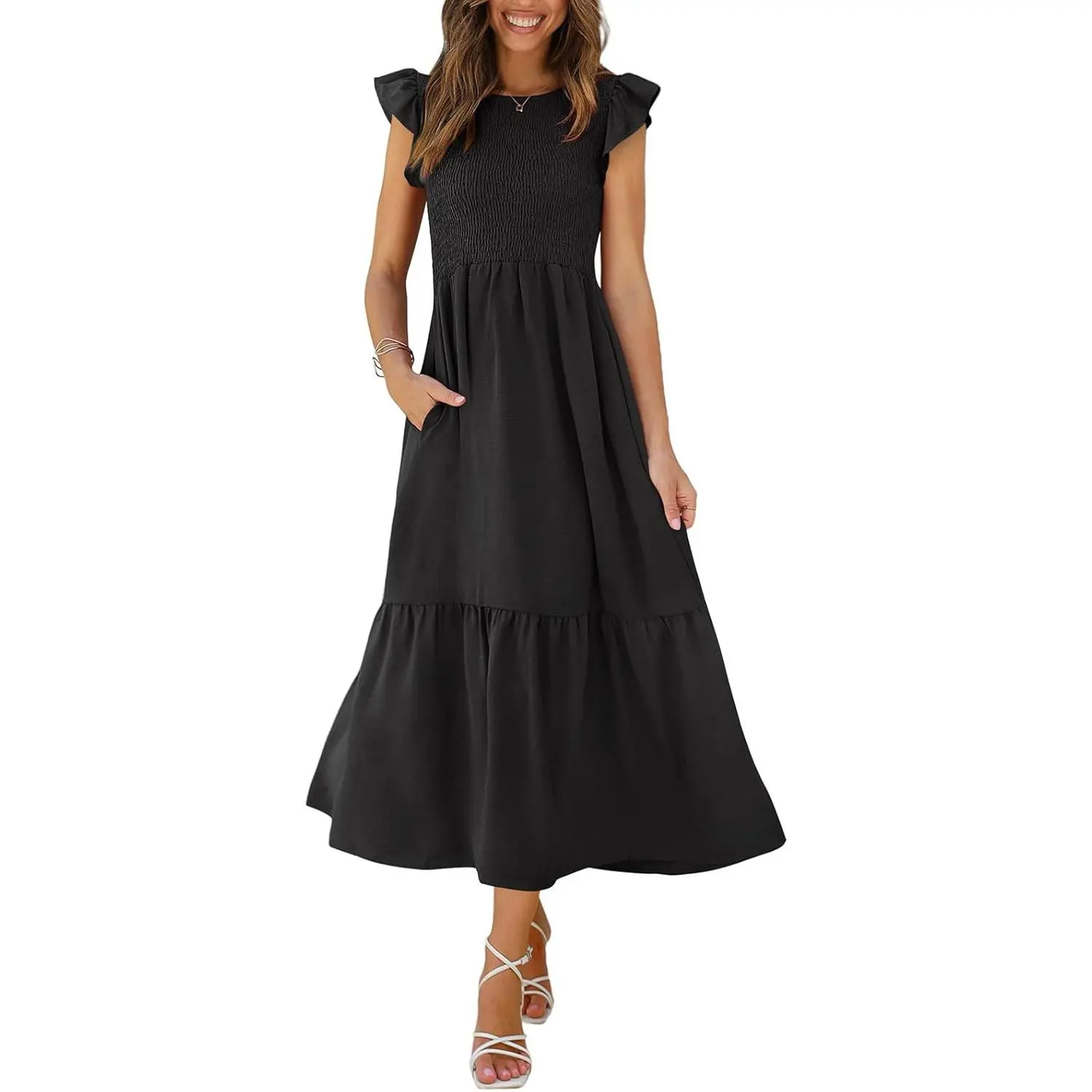 Women's Cute Smocked Ruffled Maxi Dress with Pockets & Flutter Ruffle Sleeves, Regular Sizes Maxi Length Tiered Gown for Casual Wear, Party, Hand Wash, Cold Wash, Do Not Bleach, Calf-to-Ankles Ladies' Dress, Tiered Dress