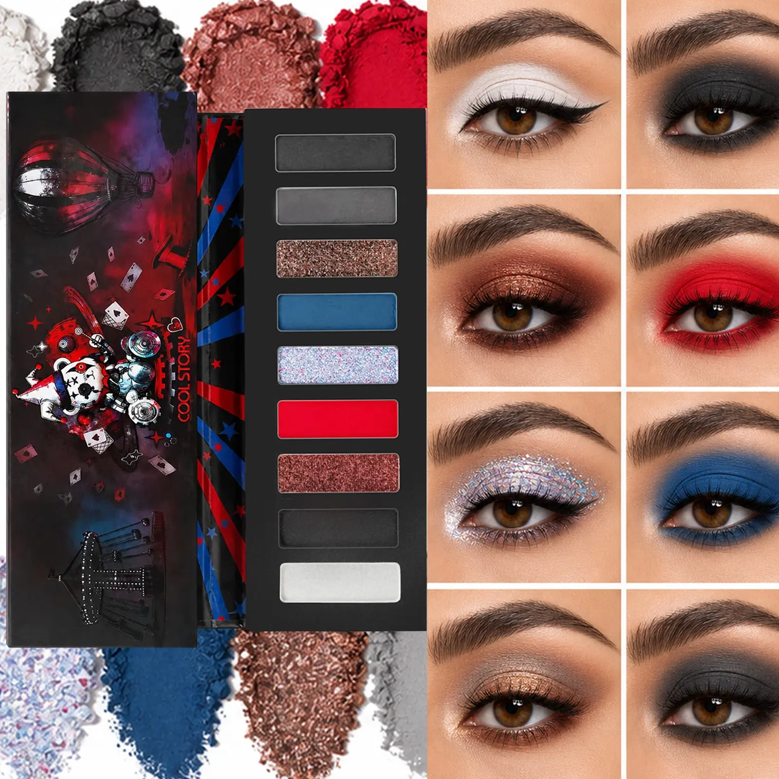 Clown Eyeshadow Palette, 9 Shades Glossy Matte, Perfect for Halloween Makeup, Festival Party Daily Smoky Eye Cosmetics