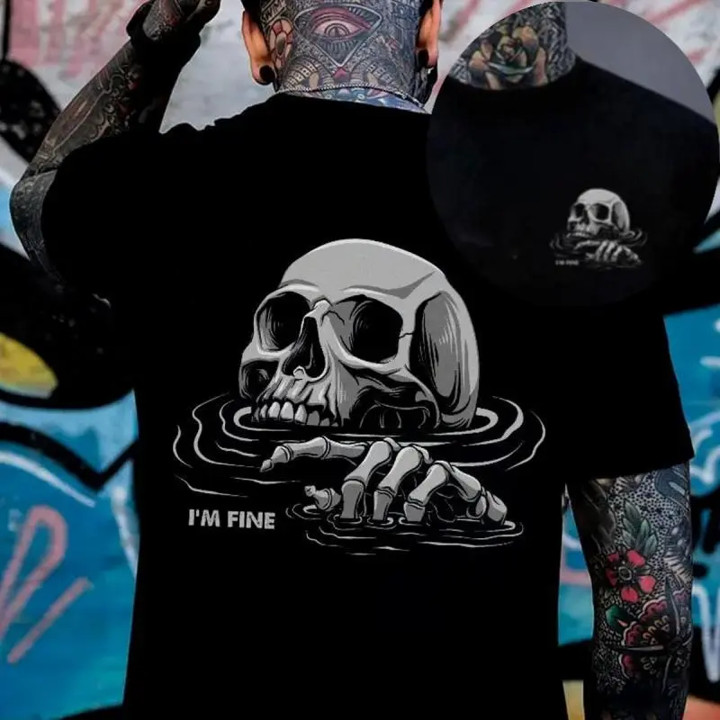 I'M FINE Drowning Skull Black Print Men’s Hoodie Unisex Fashion Soft Fabric ShortSleeve Regular Fit Casual Streetwear Crewneck Graphic Tropical