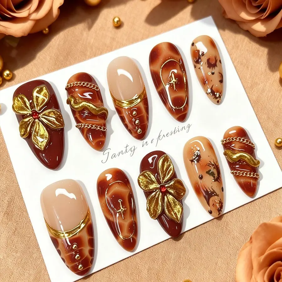 Luxury 3D Amber Tortoiseshell Press on Nails, 10pcs Medium Almond Shape, Retro Vintage, Decor, Reusable Nail Kit for Women
