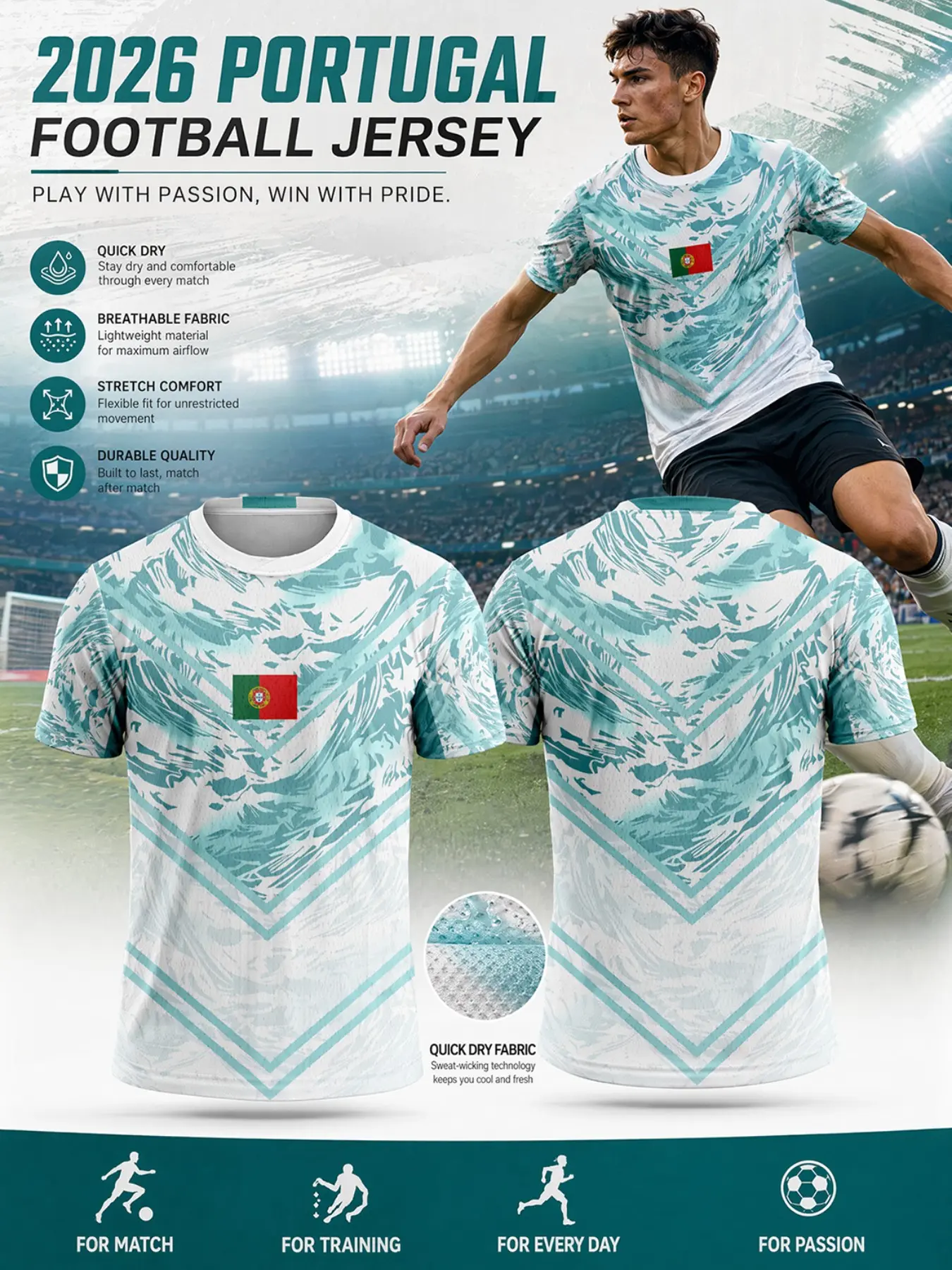 2026 Portugal Men's Soccer Jersey, Base Abstract Wave Chevron Pattern, Quick-Dry Breathable Polyester, Sporty Slim Fit