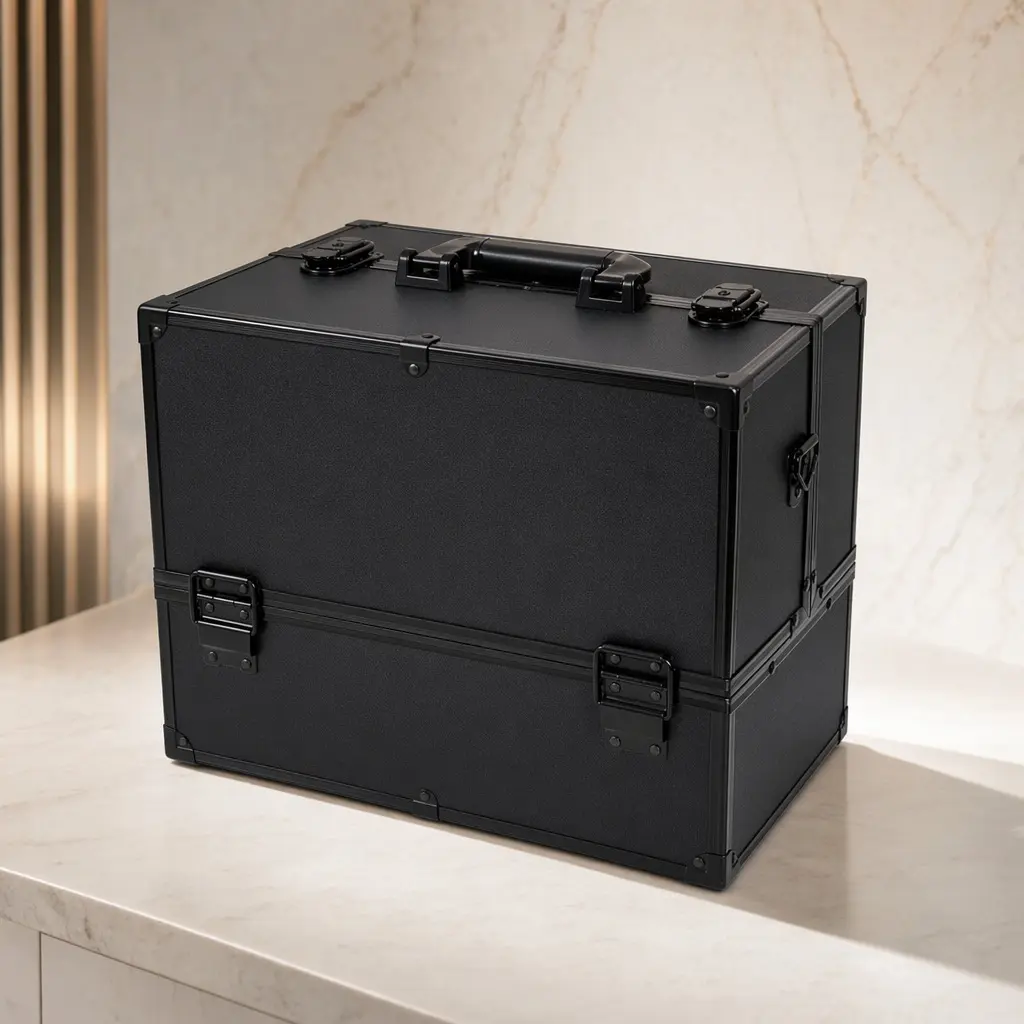 Professional Large 14in Lockable Makeup Train Case - ABS/Aluminum Cosmetic Organizer with 6 Adjustable Trays, Spacious Bottom Compartment, Detachable Shoulder Strap, Black