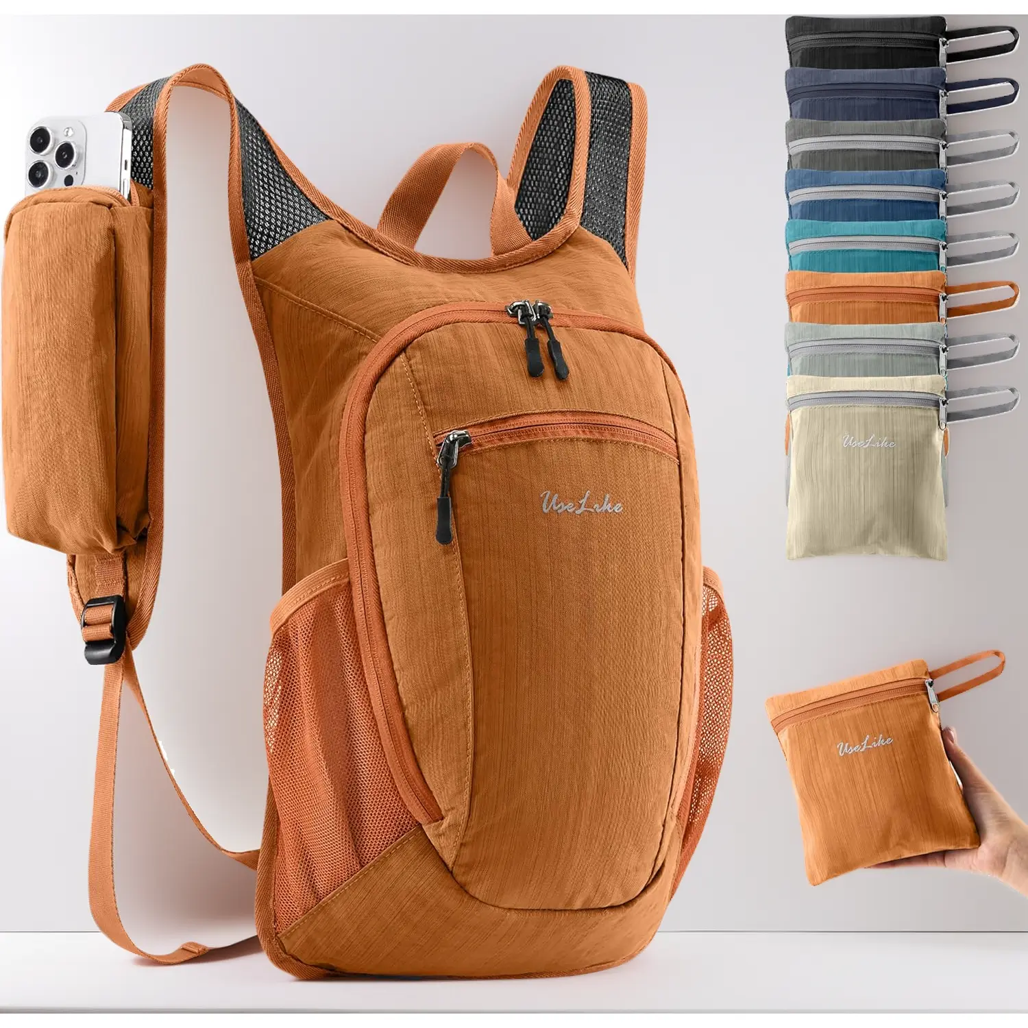 Small 10L Hiking Backpack, Lightweight Foldable Nylon Daypack for Men and Women, Secure and Water-Resistant Mini Pack for Camping, Strap, Portable, Compact, Reflective Logo, Solid Color, Adjustable Straps