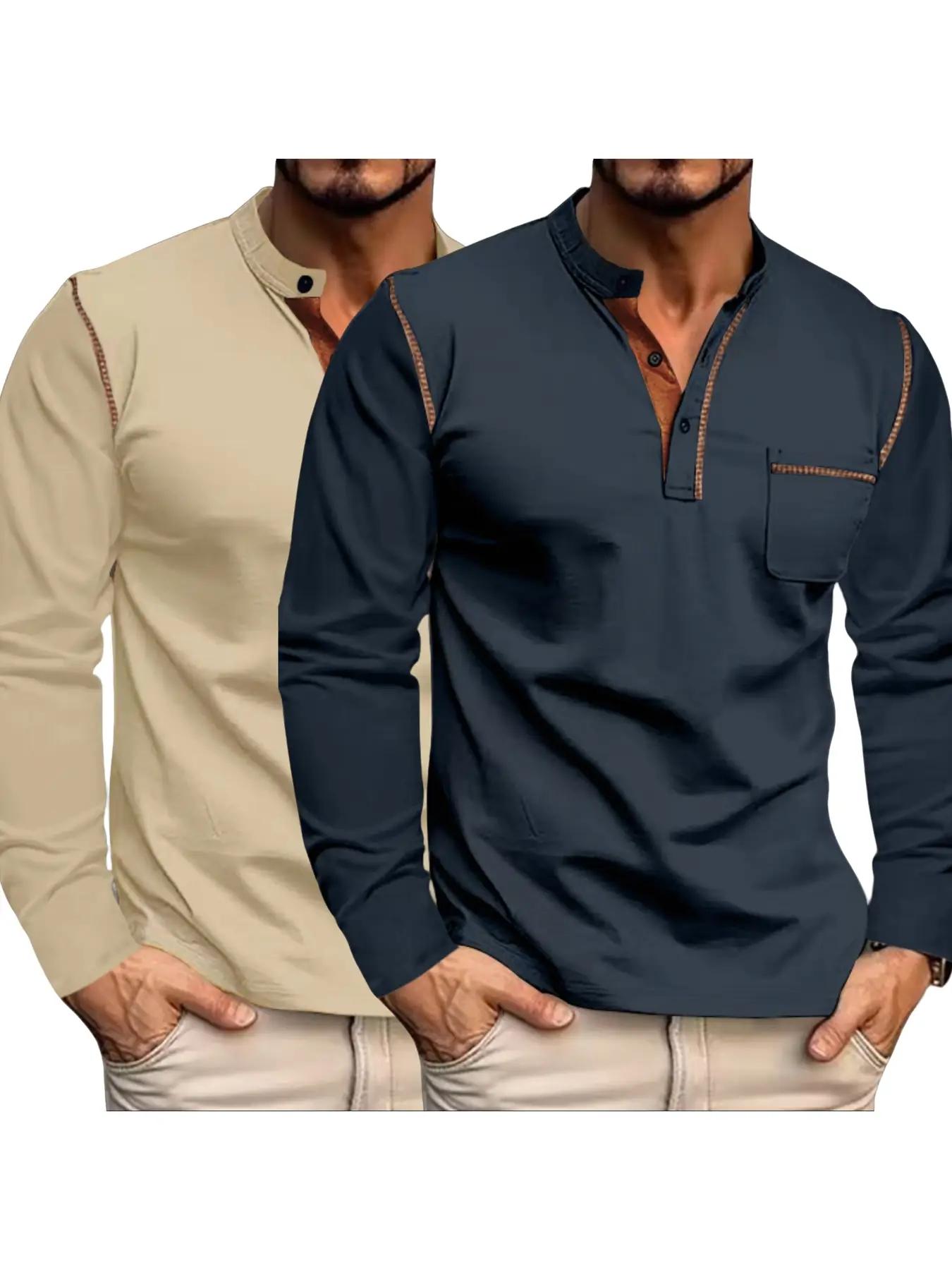 Men's Regular Fit Long Sleeve Pocket T-shirt, Casual Button Front Mock Neck Top for Spring & Fall, Fashion Men's Clothes for Daily Wear