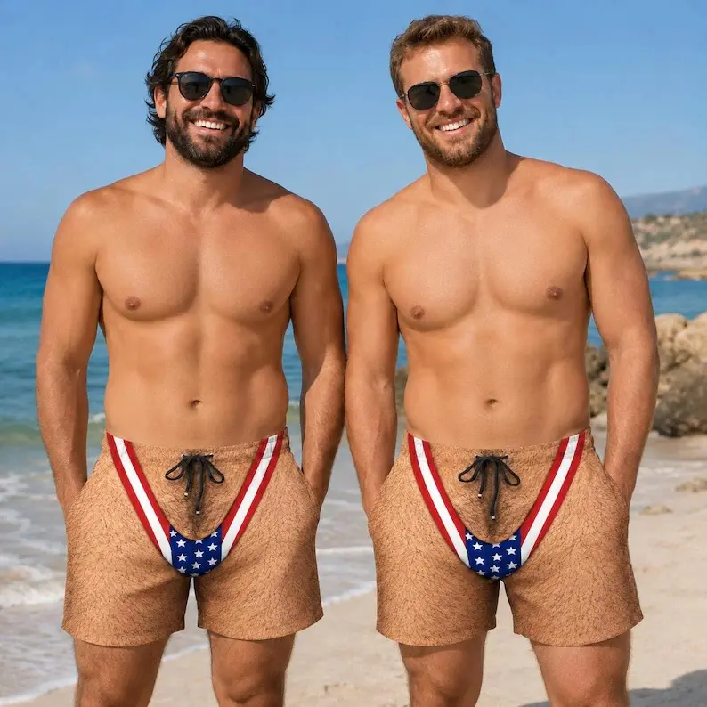 Funny Custom Men Beach Swim Shorts,American Stars and Stripes Fake Thong Graphic Print,Elastic Drawstring Quick Dry Board Trunks,Hilarious Gag Bathing Suit for 4th of July,Bachelor Party and Summer Vacation#TikTokMadeMeBuyIt# TikTokShop#USFlagSwimTrunks