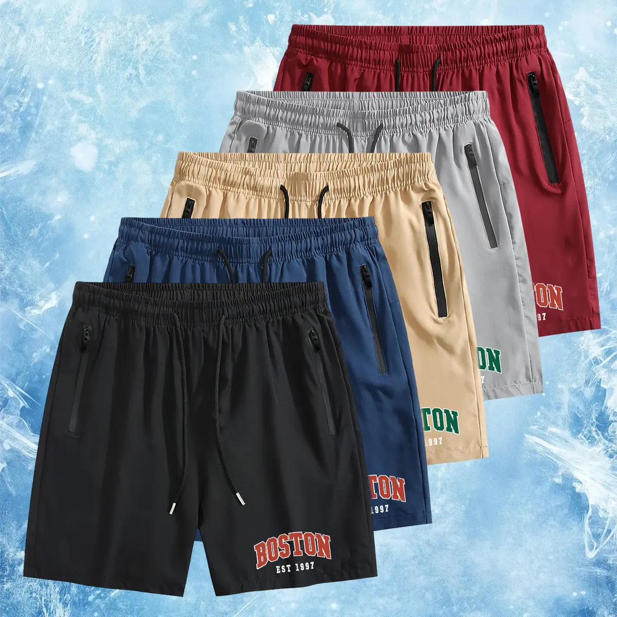 Men's 5-Inch Relaxed Fit Casual Athletic Shorts, Classic College-Style Boston Letter Print, Breathable Water-Resistant Quick-Dry Elastane Fabric, Drawstring, Zipper Pockets, Active Wear, Classic College-Style Letter Print, Drawstring Sports Shorts, Sporty