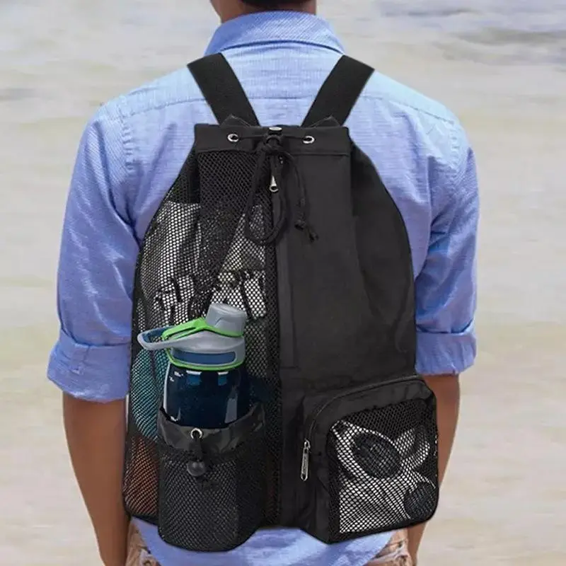 Mesh Drawstring Backpack - Draw String Bag with Wet-Dry Pocket, Water Bottle Holder, Multi-Pocket Design for Gym, Outdoor Travel; Lightweight, Breathable, Durable Home Organizer Storage Sack