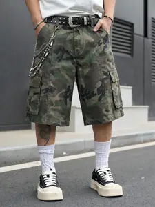 American Vintage Streetwear Washed Camo cargo shorts Pocket, Loose-Fit Wide Leg Summer Casual Pants, Men's Distressed Cargo Five-Quarter Shorts