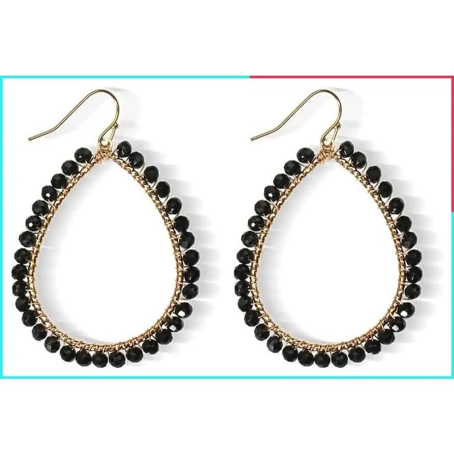 Bohemian Boho Beaded Teardrop Dangle Earrings for Women Hollow Sparkly Crystal Gold Wire Wrapped Statement Jewelry