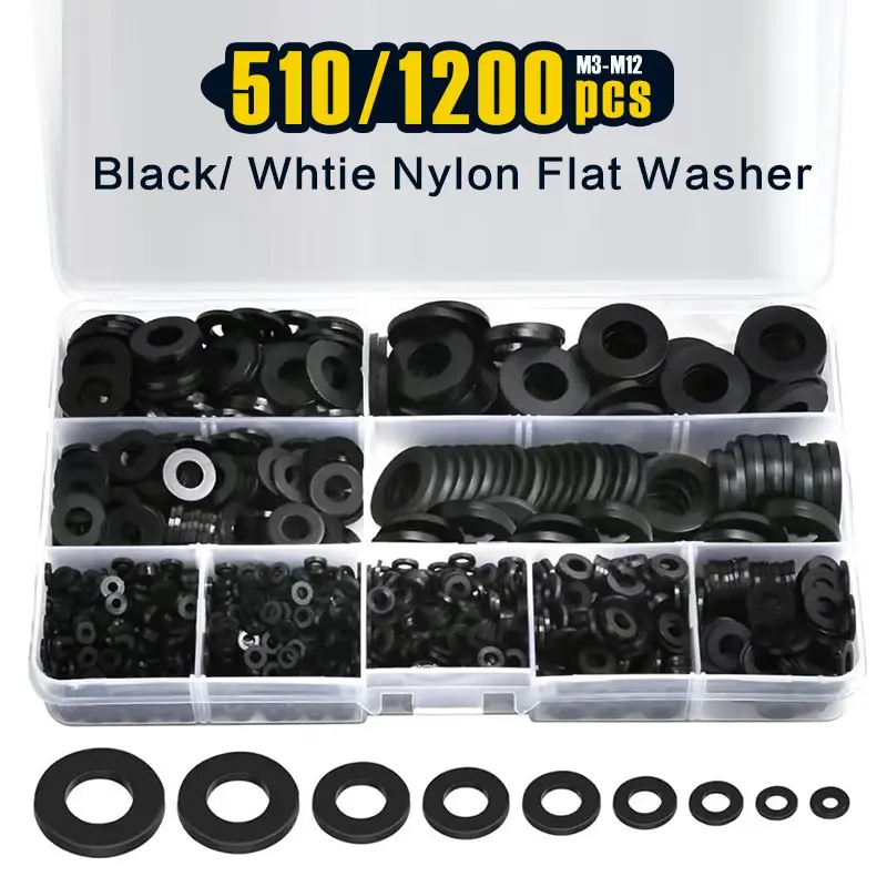 510/1200 Pcs, Durable Nylon Flat Washers for Screws Bolts, Black/ White Plastic Washers, Premium Fender Washers Assortment Set, Sizes