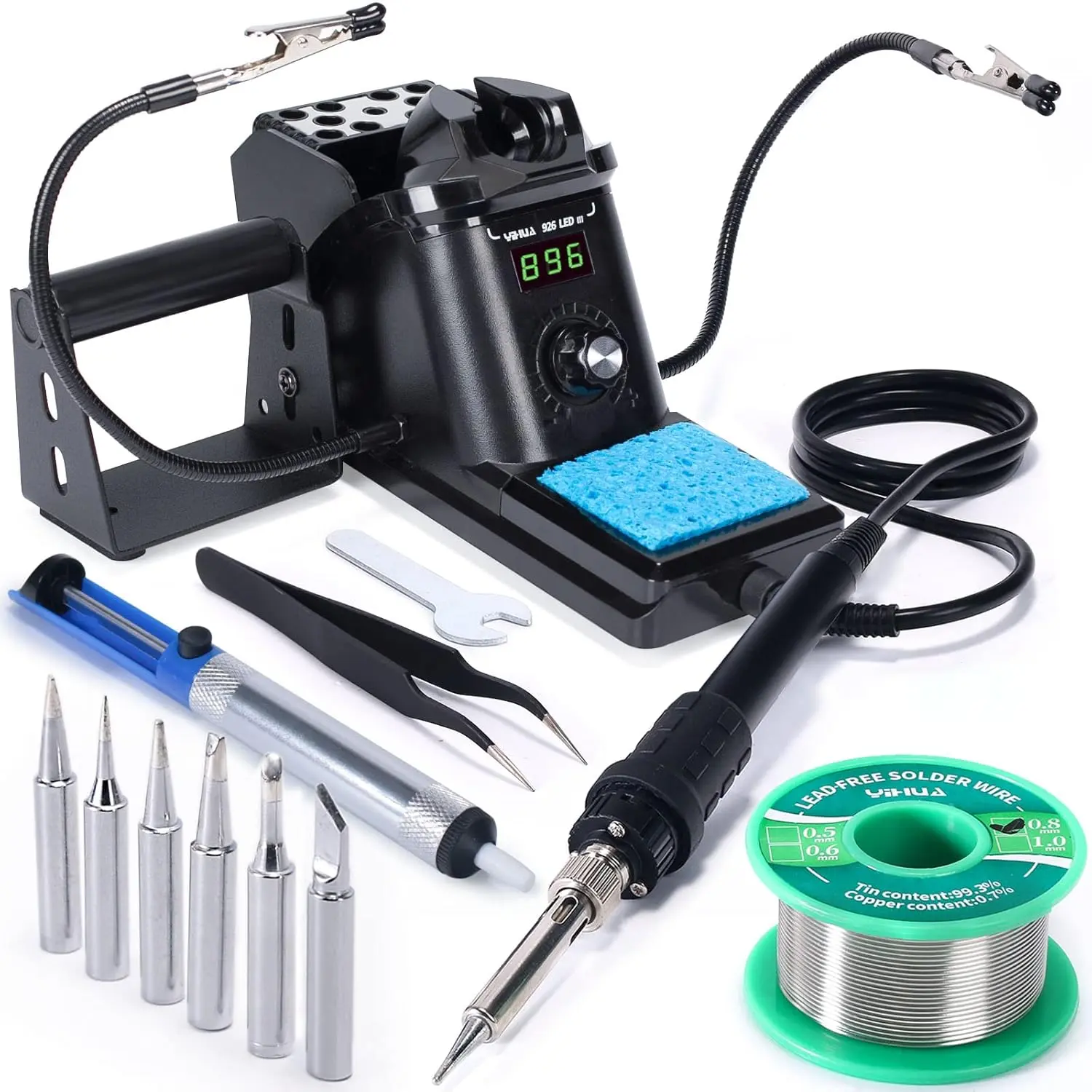 926 III 60W Display Soldering Iron Station Full Set - 2 Helping Hands, 6 Iron Tips, Lead-Free Solder, Stainless Steel Tweezers, Metal Mesh, 194~896°F/°C Conversion, Auto Sleep, Calibration for Surface Mount & Through Hole Tasks