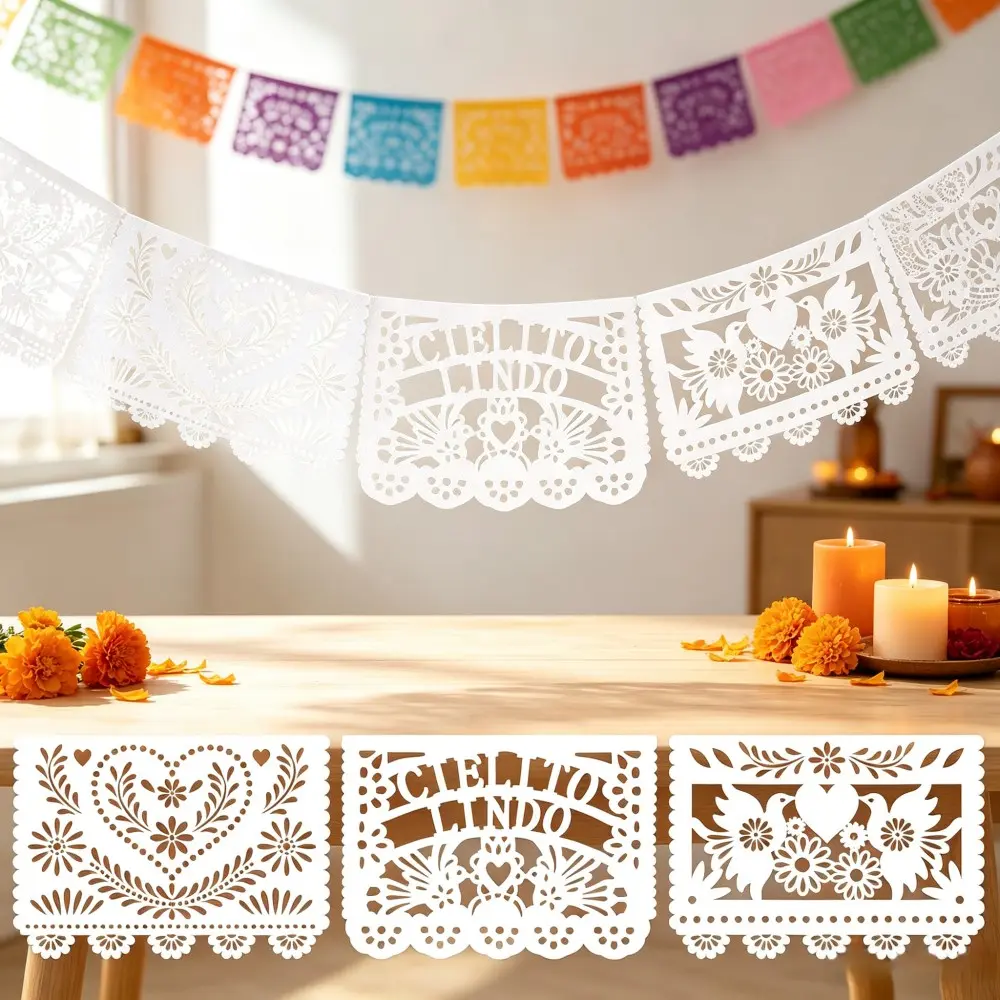 1Pc White Felt Papel Picado Garland  Laser-Cut Heart & Floral Bunting, Mexican Hanging Decor for Día de los Muertos Altar, Wedding, Birthday & Fiesta Backdrop