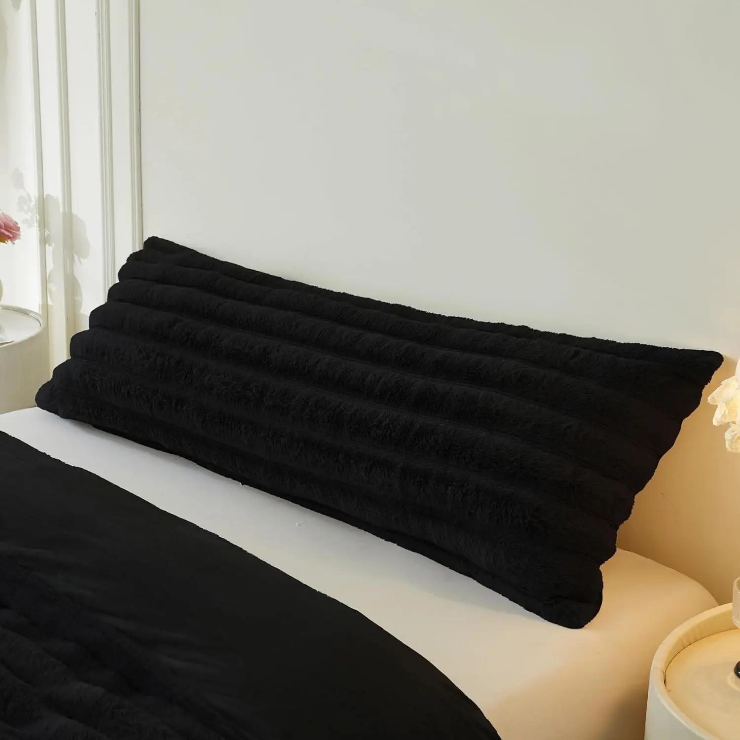 20x54 Body Pillow Cover, Soft Wide Ribbed Faux Rabbit Fur, Fluffy Striped Black Bed Pillowcase with Hidden Zipper, Plush Bolster Long Pillow Case for Bedroom Pregnant Women & Side Sleeper
