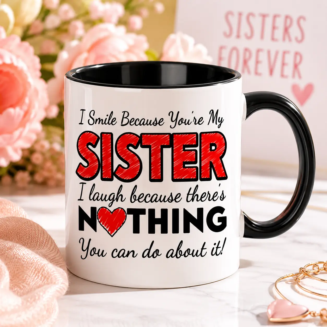 Funny Sister Coffee Mug, Sister Gifts for Women, 1 Pack Ceramic Coffee Cup with "I Smile Because You’re My Sister" Quote, Best Sister Birthday Christmas Gift from Brother Sister, Cute Family Gift Mug