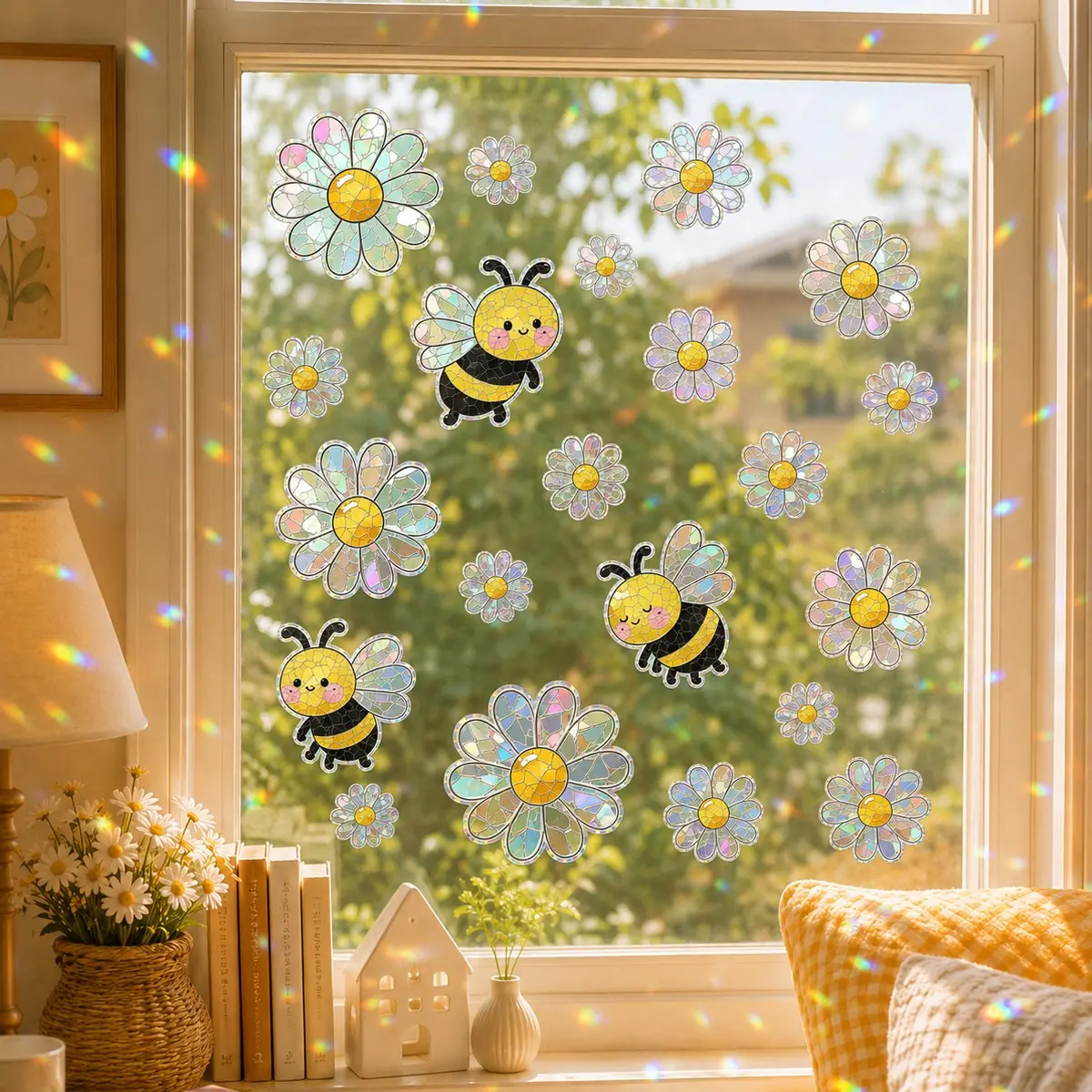 Rainbow Suncatcher Window Clings, Cute Bee Butterfly Mushroom & Daisy Holographic Stickers, Removable Static Cling Decals for Home Decor