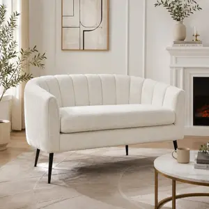 ARCH 50" Wide Midcentury Modern Chenille Mini Loveseat - Curved Back, Channel Tufted 2-Seater Settee Sofa with Metal Legs for Living Room, Small Spaces - Glam Indoor Furniture (Ivory)