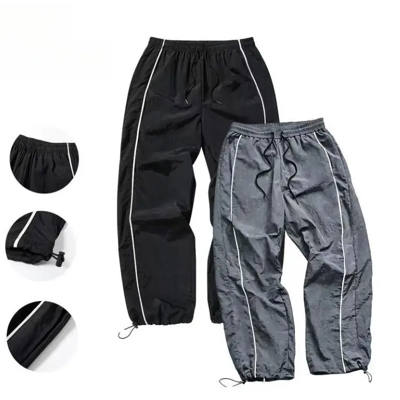 Men's Baggy Polyester Parachute Pants with Contrast Piping, Drawstring Waist and Bungee Hem, All-Season Joggers for Gym Running, Male