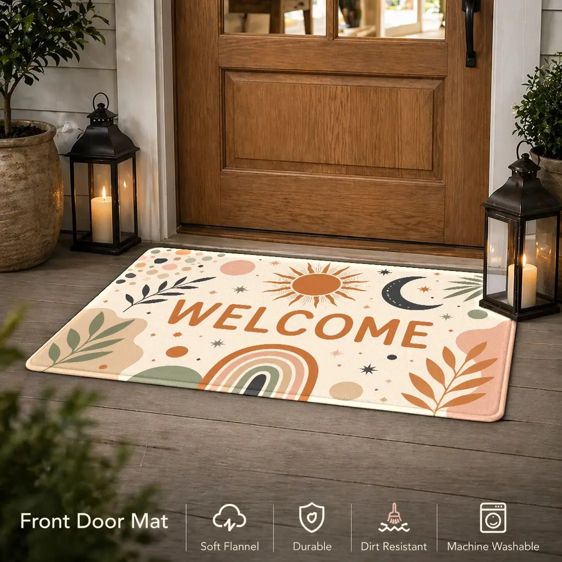 Flannel Floor Mat 1pc/2pcs/3pcs set, 2D Bohemian style welcome doormat, sun-moon-rainbow pattern non-slip floor mat, durable floor mat suitable for entryway, bedroom, and living room, soft Morandi color home decor mat, ideal for indoor use
