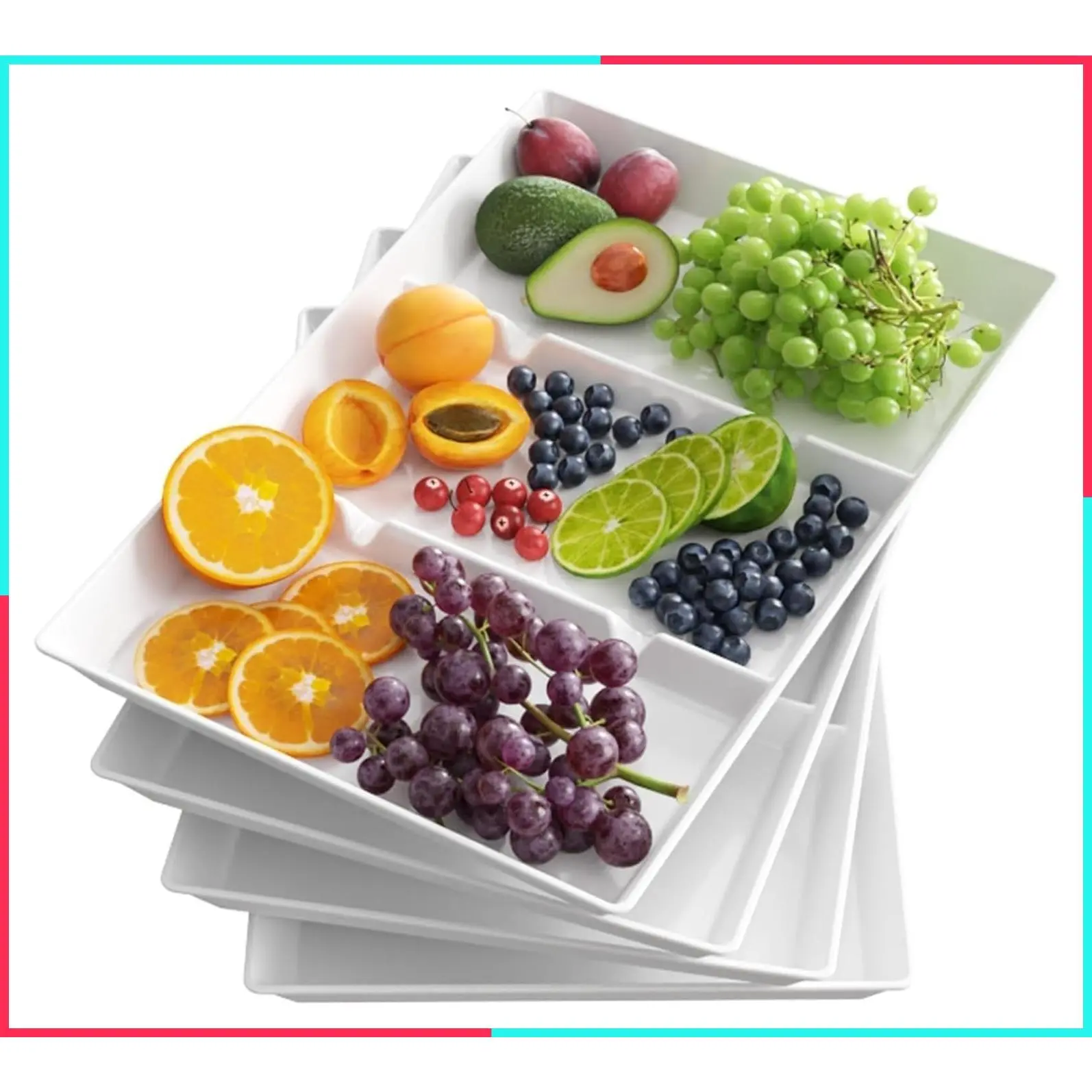 Divided Serving Tray for Party, 4 Pack Plastic Food Serving Platter | 15" x 10" White Reusable Fruit and Veggie Tray, Catering Dishes for Dessert, Snacks, Entertaining, Holiday Hosting Essentials