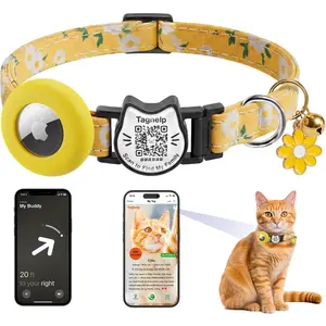 Breakaway Cat Collar with QR Code ID & AirTag Holder, Adjustable Cotton Kitten Collar with Bell, Cute Floral Safety Collar for Indoor & Outdoor Cats Pastoral Style with airtag Holder(Yellow)