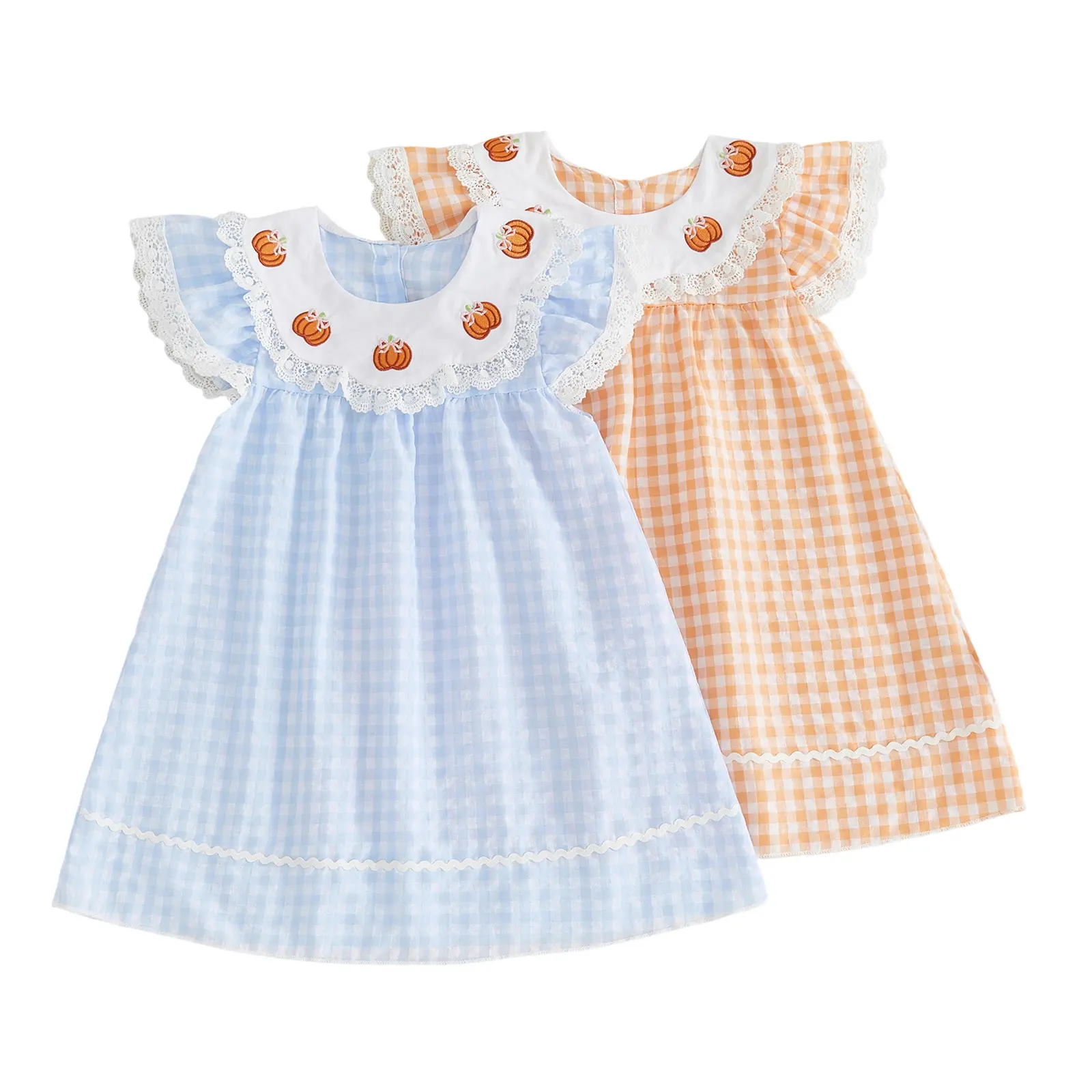 Toddler Baby Little Girls Halloween Dress Pumpkin Embroidery Flying Sleeve Plaid Dress Fall 1-6 Years Toddler Baby Little Girls Halloween Dress Pumpkin Embroidery Flying Sleeve Plaid Dress Fall 1-6 Years