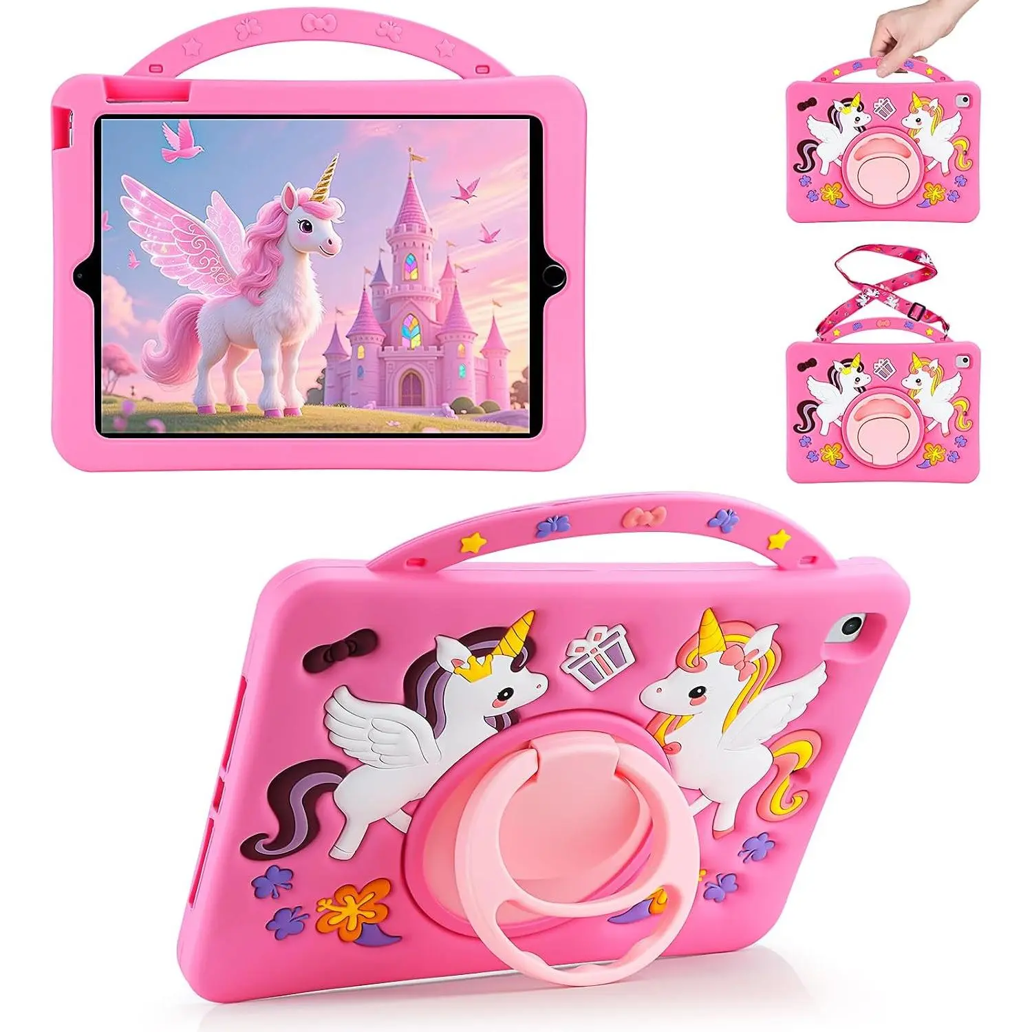 for iPad 5th/6th Generation Case, for iPad Air 1st/2nd Gen, for iPad Pro 9.7 Inch Case  Girls  Cute Unicorn with Detachable Strap Rotatable Stand Shockproof Tablet Cover-Rose