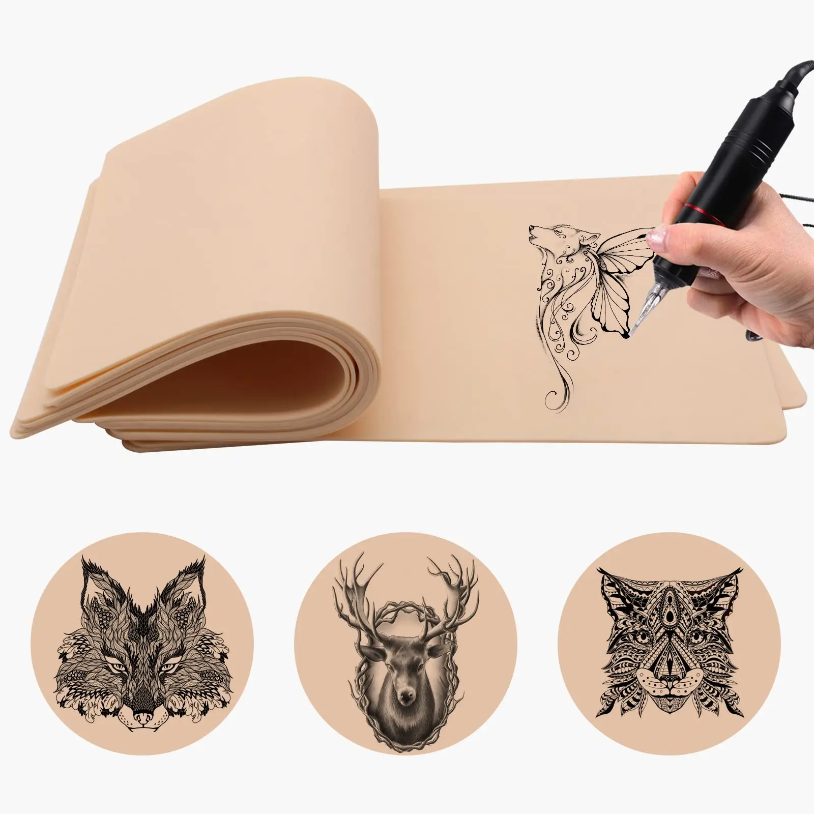 Premium Tattoo Training Kit - 5 Double-Sided Practice Skins (8"x6") - Realistic Fake Skin for Tattoo Beginners, Microblading & Permanent Makeup Practice - Essential Tattoo Supplies
