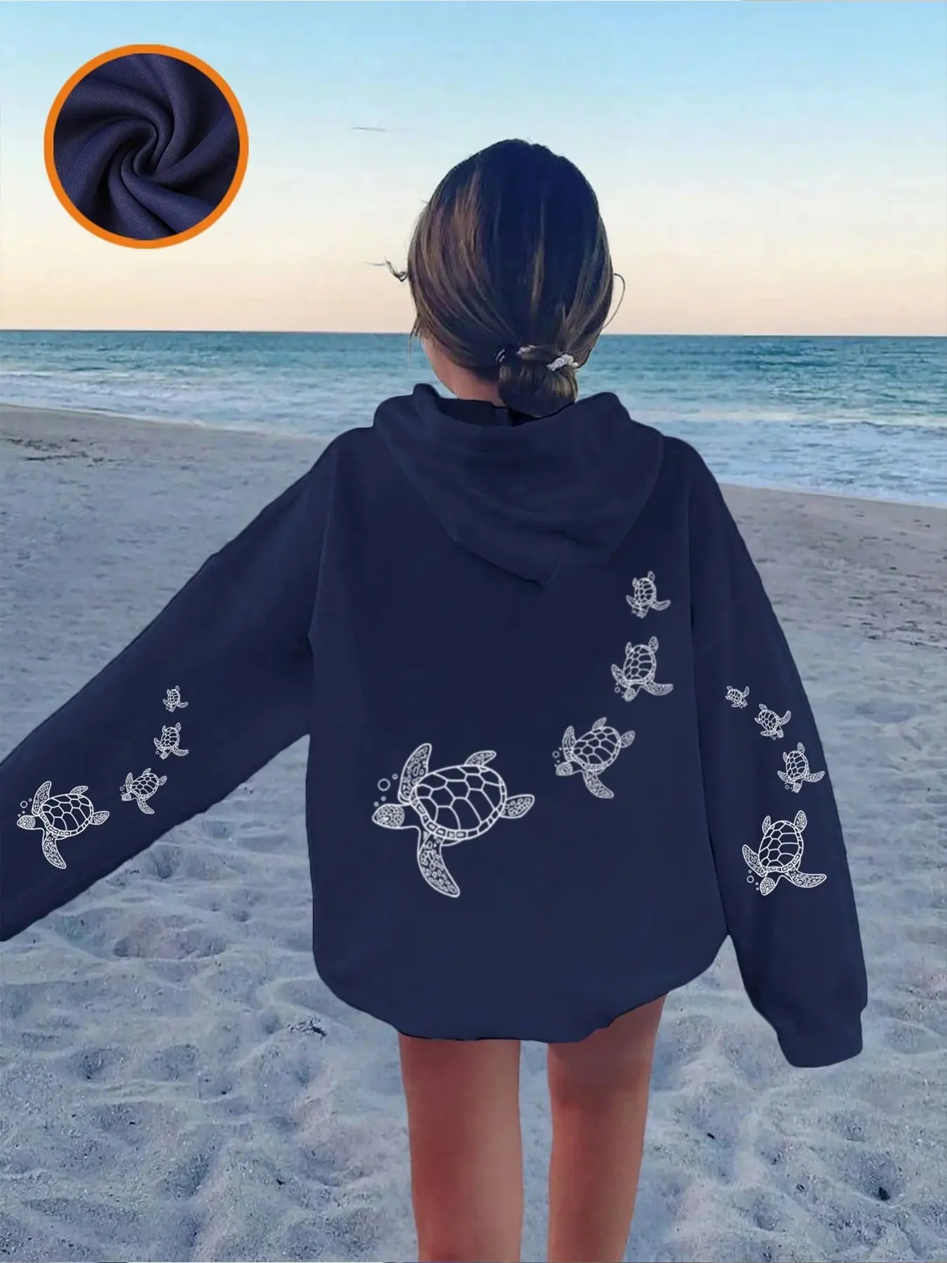 Turtle Line Print Hoodie Women, Casual Sweatshirt, Loose Fit Ocean Style Top, Fall & Winter Fashion, All over Print Design