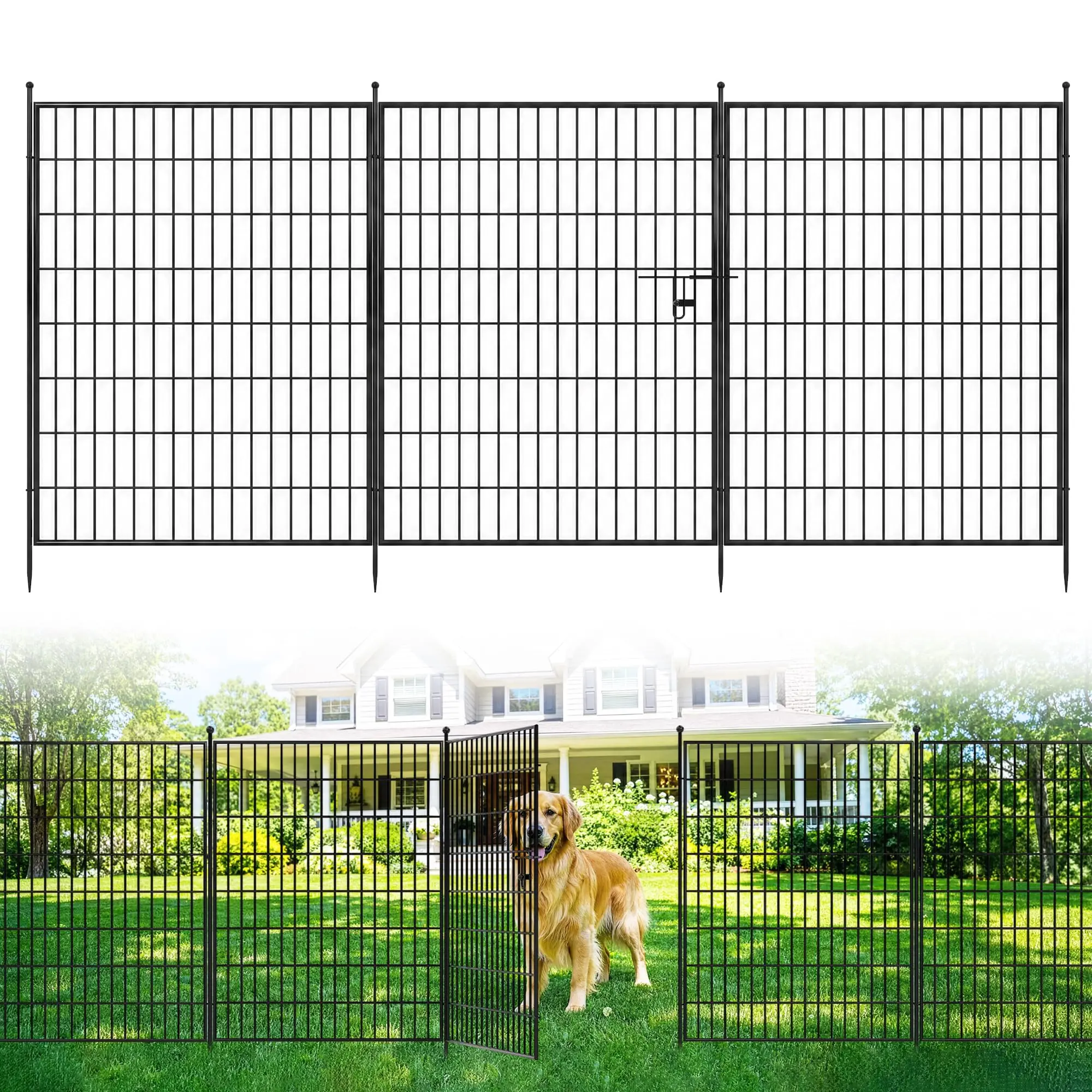Decorative Garden Fence - Rustproof No-Dig Metal Animal Barrier Panels for Yard, Outdoor Dog Playpen & Patio Fencing, Black, With/Without Door
