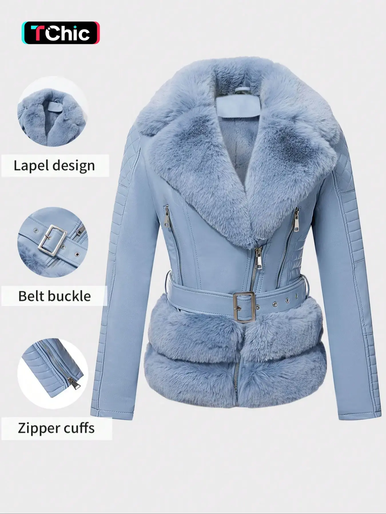 Women's Fall Winter PU Faux Fur Jacket, Aesthetic Vintage Style Fitted Long Sleeve Coat, Warm Daily Wear with Adjustable Waist Belt, Casual Plain Design Womenswear