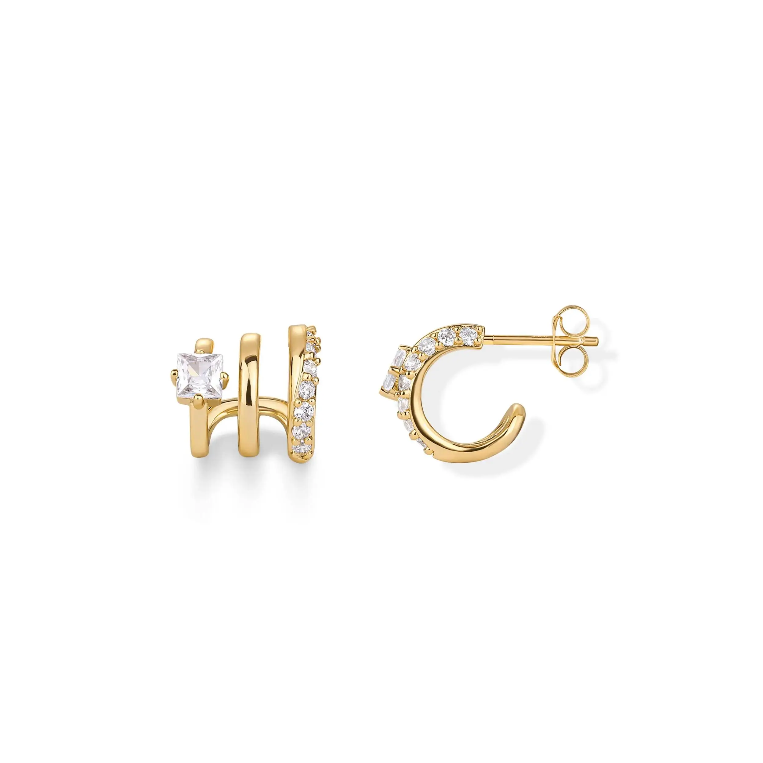 14K Gold Plated Sterling Silver Posts Cubic Zirconia Segment Triple Hoop Earrings for Women - Statement Triple Hoop Stud Earrings square cut flower earring brillo  elegante silver finish labor day gift bold statement piece full pav multiple piercings tone