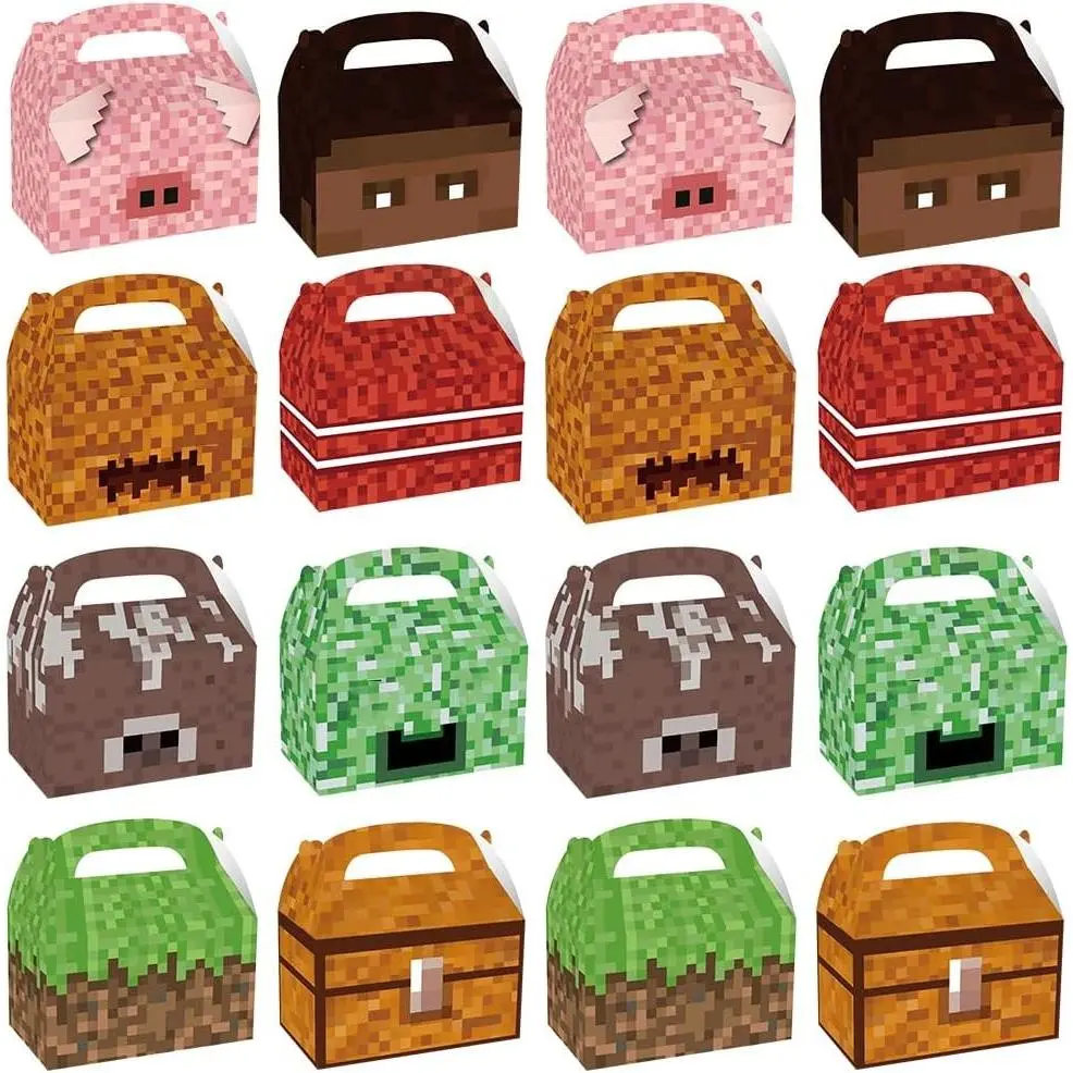 16 Pcs Pixel Theme Gift Box Bags, Pixel Miner Party Favors Decorations Gift Boxes Sandbox Family Goodie Paper Treat Boxes Pixel Party Supplies for Birthday
