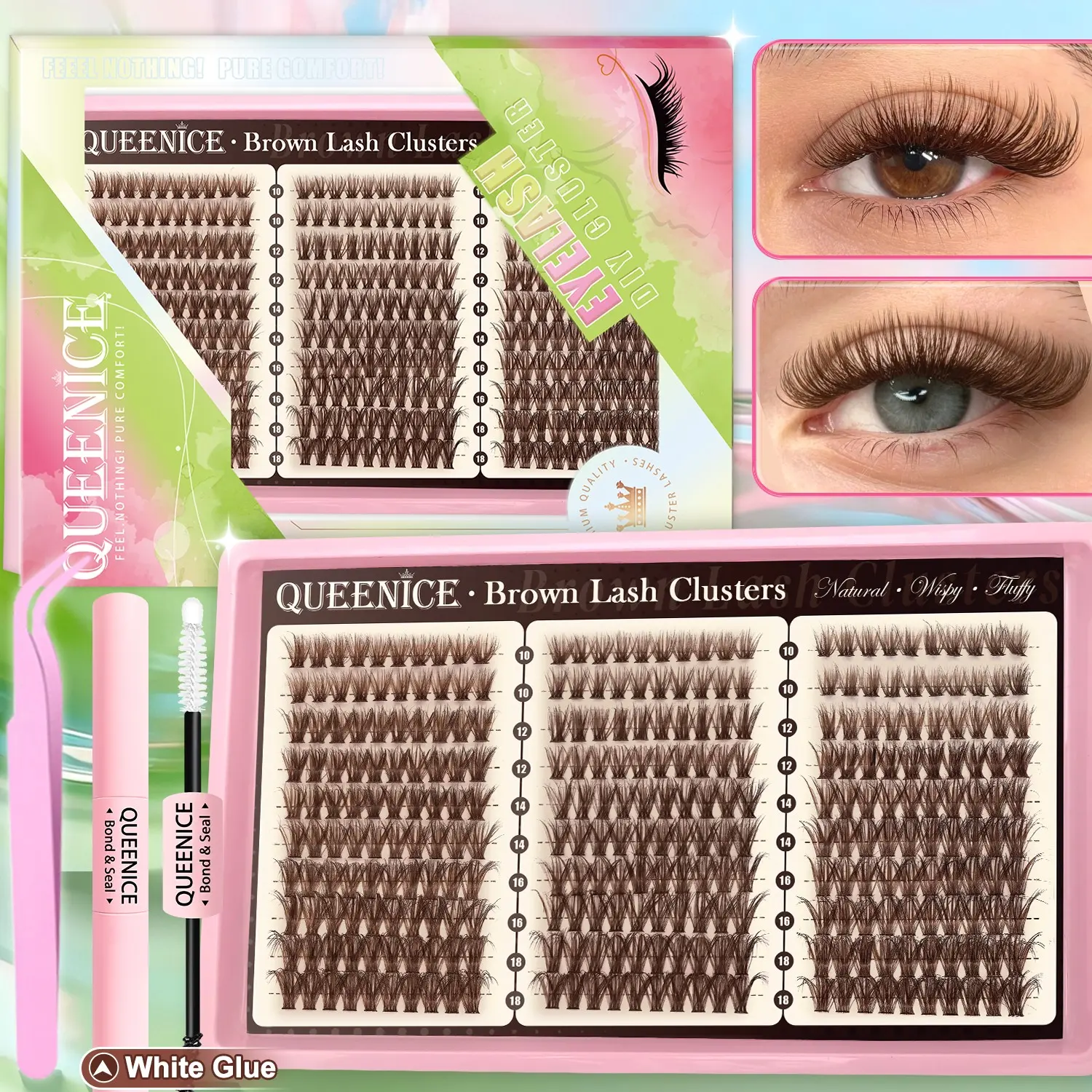Brown & Colorful DIY Lashes Clusters Thin Band Natural Soft Wispy Natural Styles Lashes Waterproof Lash Extension Easy to Apply at Home Cosmetic Makeup Volume False Eyelashes